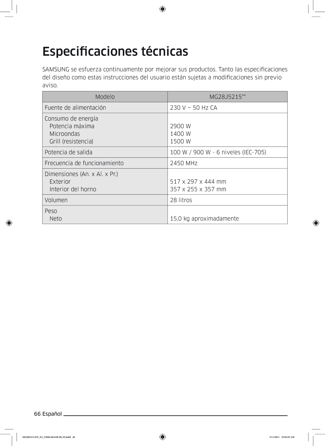 Samsung MG28J5215AB/EC manual Especificaciones técnicas 