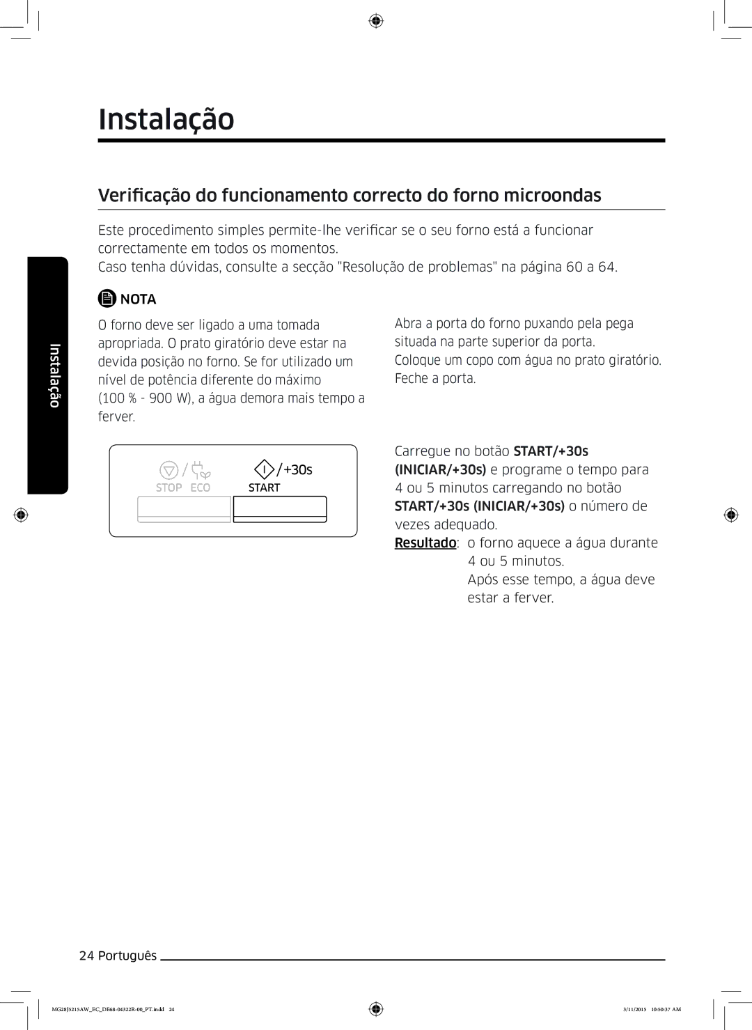 Samsung MG28J5215AB/EC manual Verificação do funcionamento correcto do forno microondas 