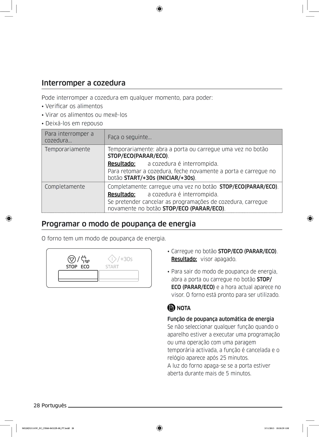 Samsung MG28J5215AB/EC manual Interromper a cozedura, Programar o modo de poupança de energia 