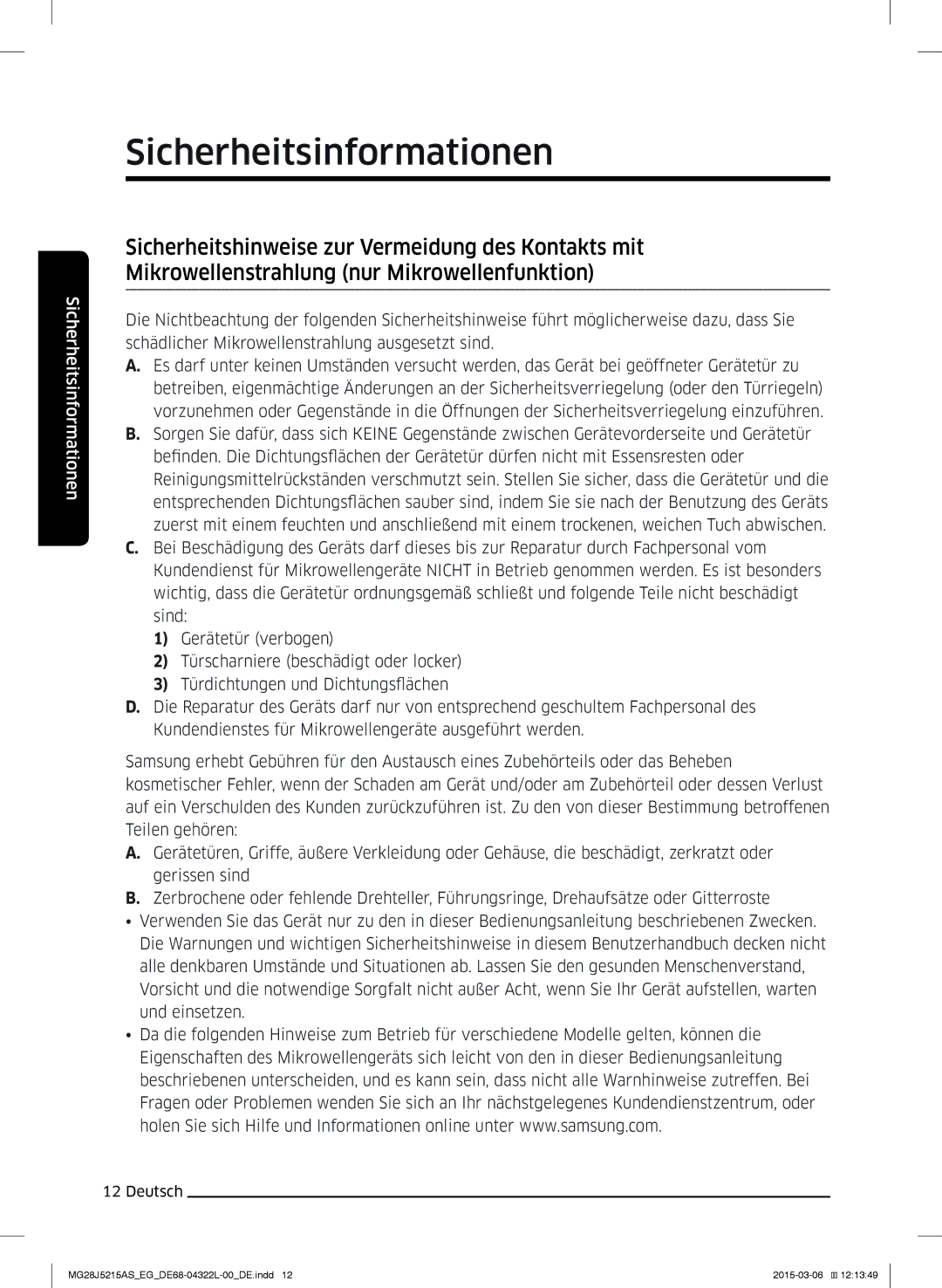 Samsung MG28J5215AB/EF, MG28J5215AB/EG manual Sicherheitsinformationen 