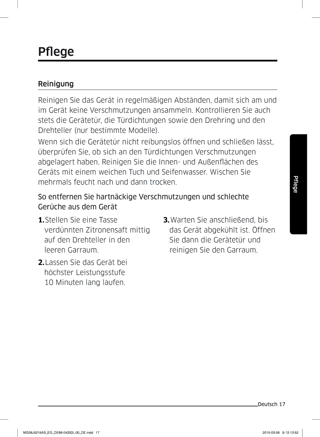 Samsung MG28J5215AB/EG, MG28J5215AB/EF manual Pflege 