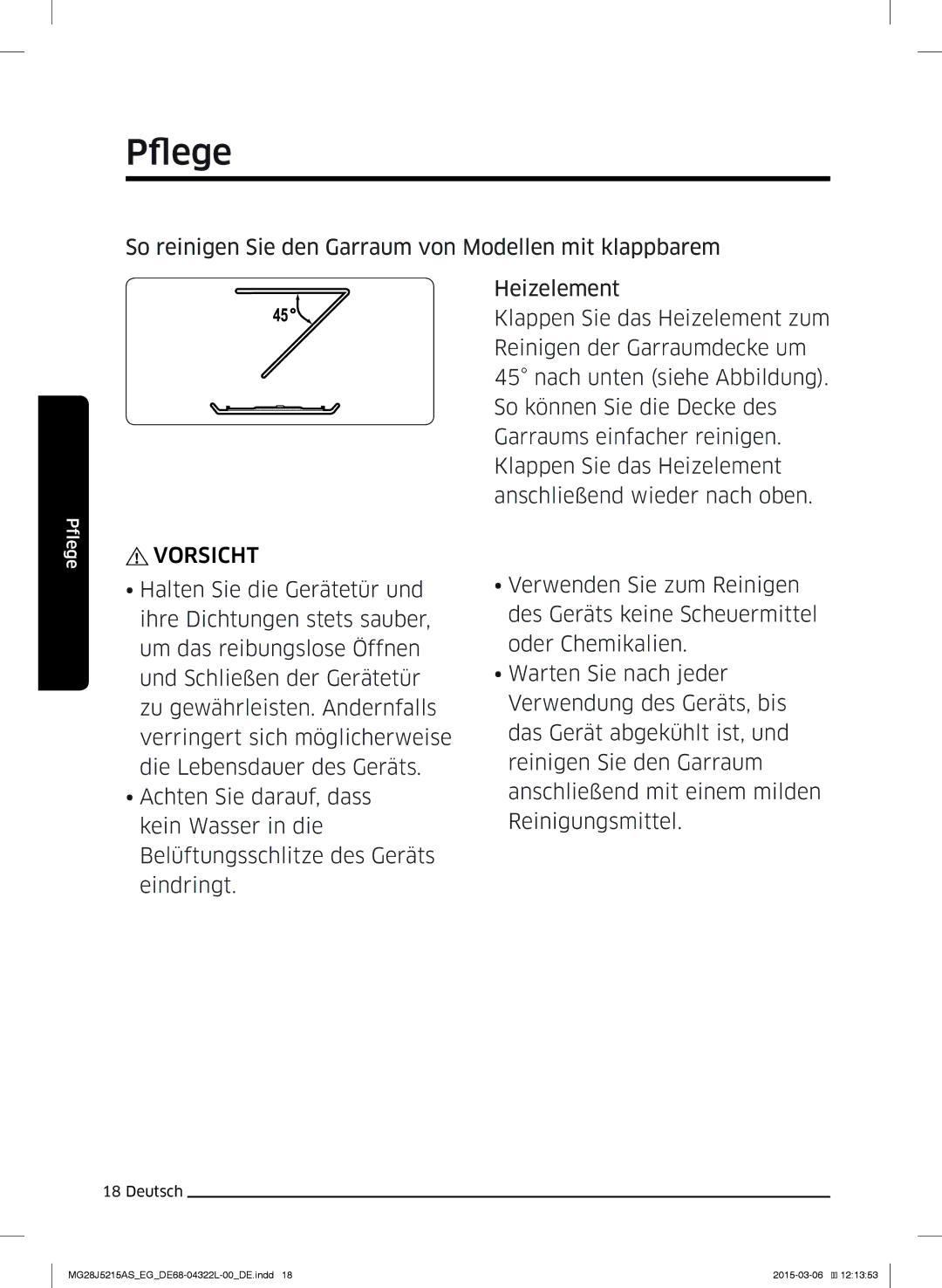 Samsung MG28J5215AB/EF, MG28J5215AB/EG manual So reinigen Sie den Garraum von Modellen mit klappbarem, Vorsicht 