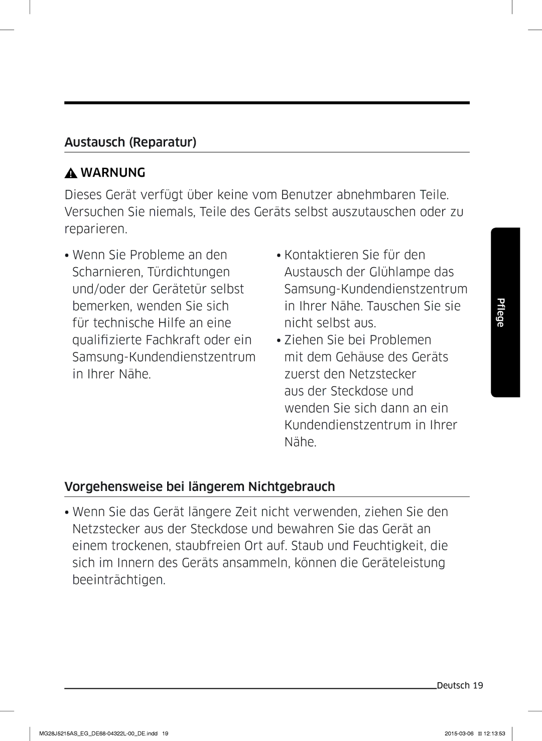 Samsung MG28J5215AB/EG, MG28J5215AB/EF manual Austausch Reparatur, Warnung 