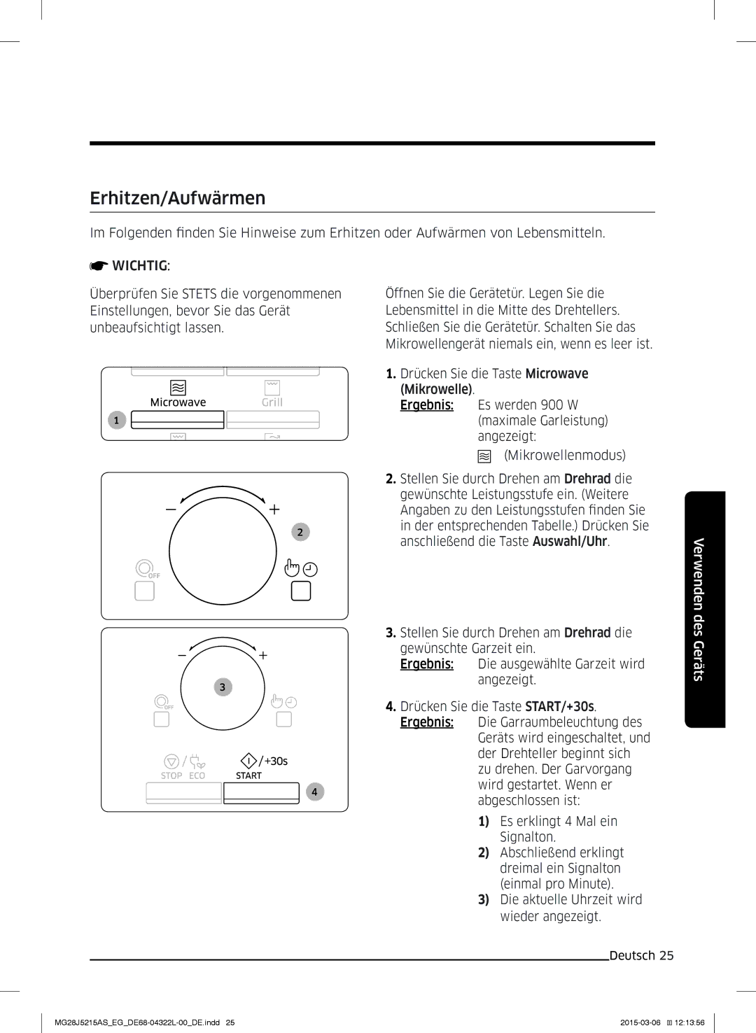 Samsung MG28J5215AB/EG, MG28J5215AB/EF manual Erhitzen/Aufwärmen 