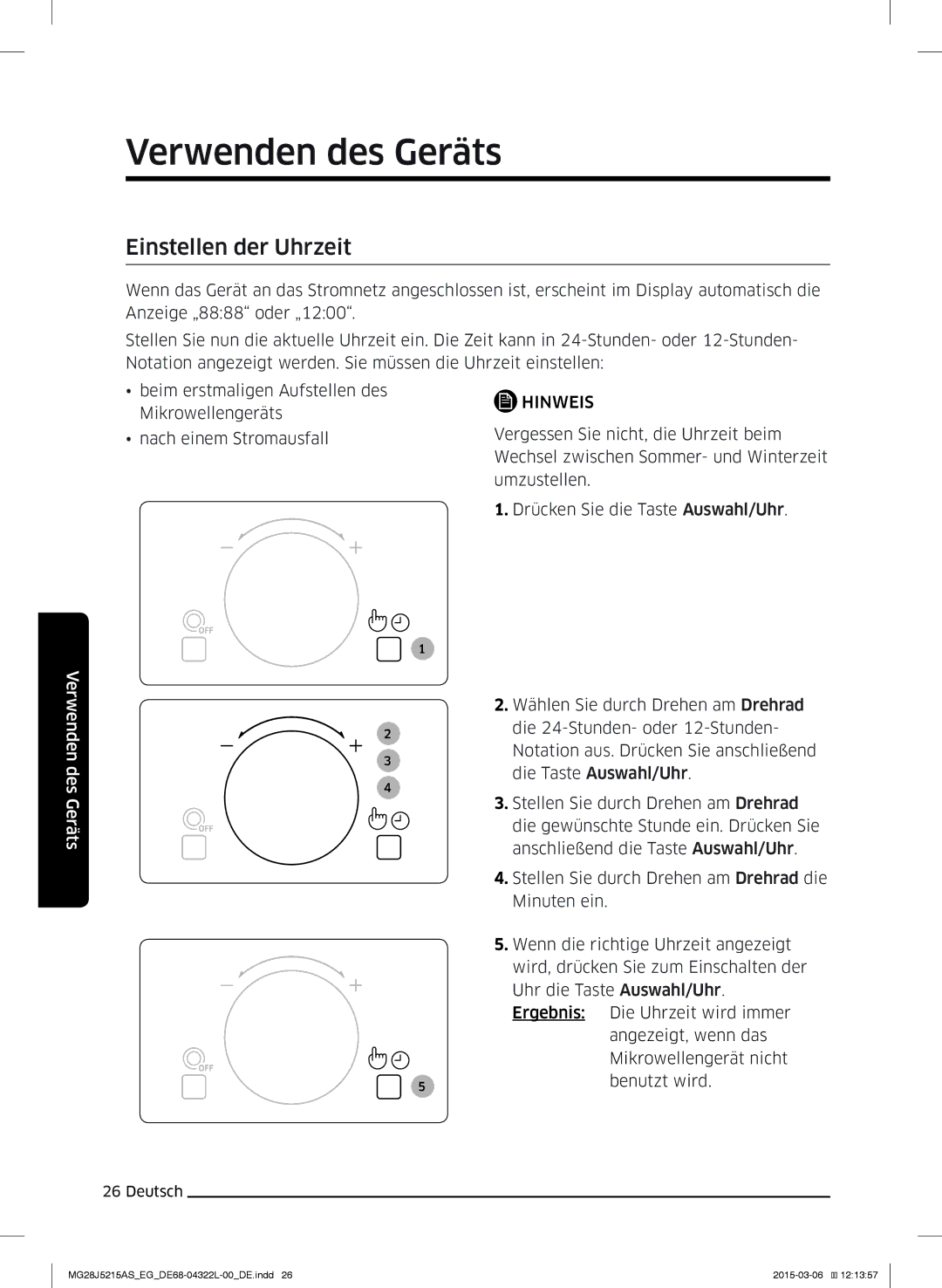 Samsung MG28J5215AB/EF, MG28J5215AB/EG manual Einstellen der Uhrzeit 