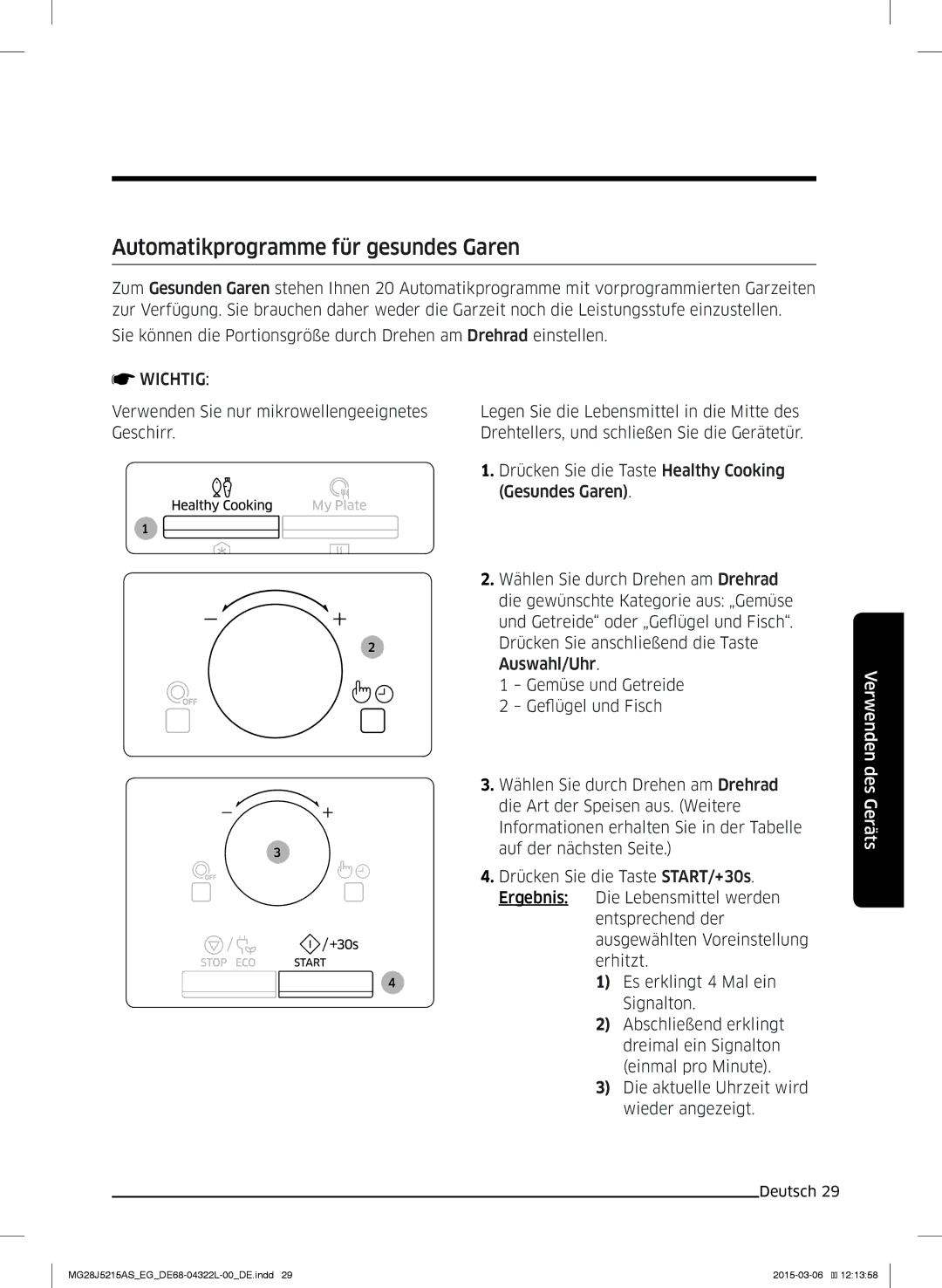 Samsung MG28J5215AB/EG, MG28J5215AB/EF manual Automatikprogramme für gesundes Garen 