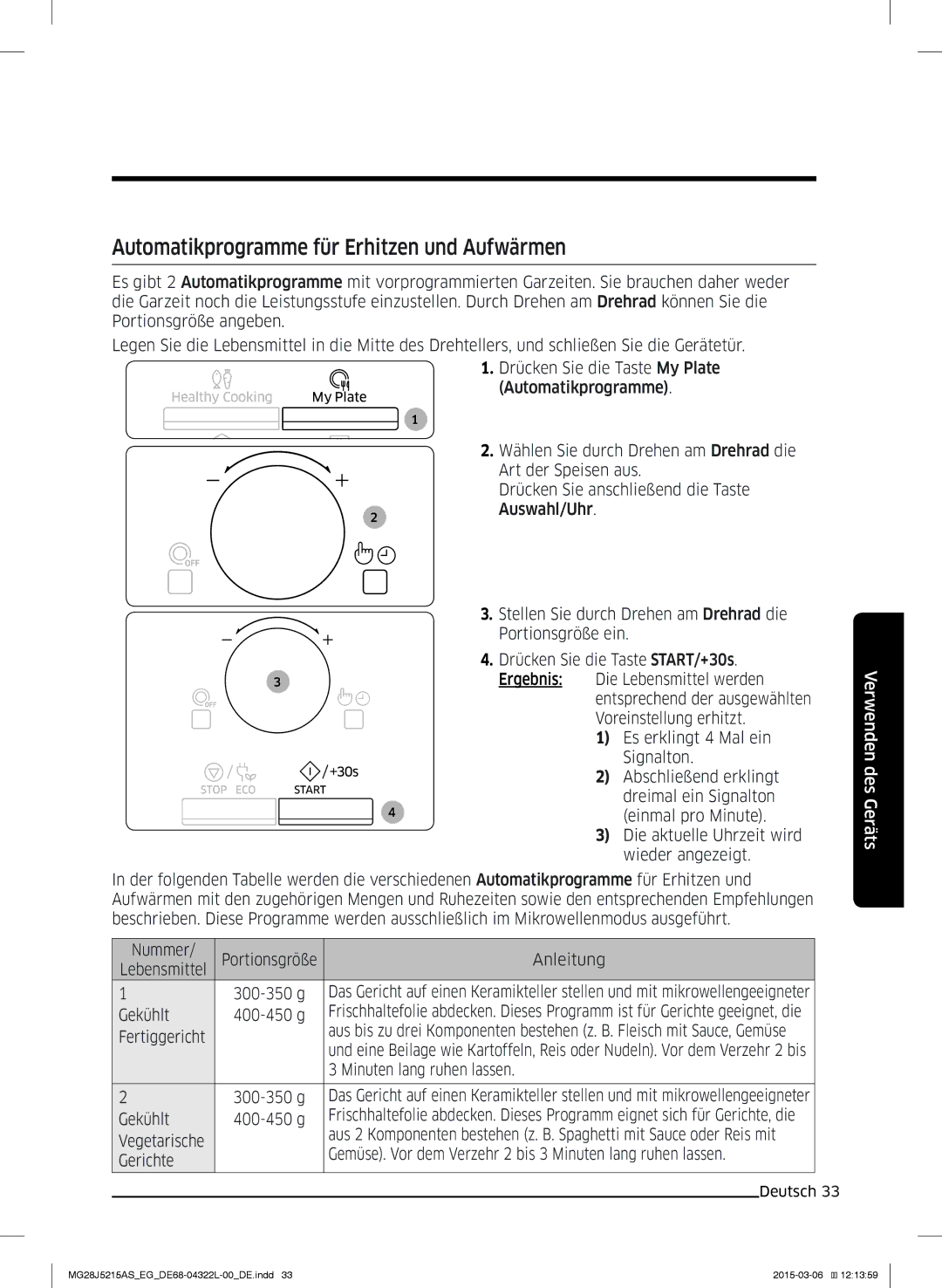 Samsung MG28J5215AB/EG, MG28J5215AB/EF manual Automatikprogramme für Erhitzen und Aufwärmen, Fertiggericht 