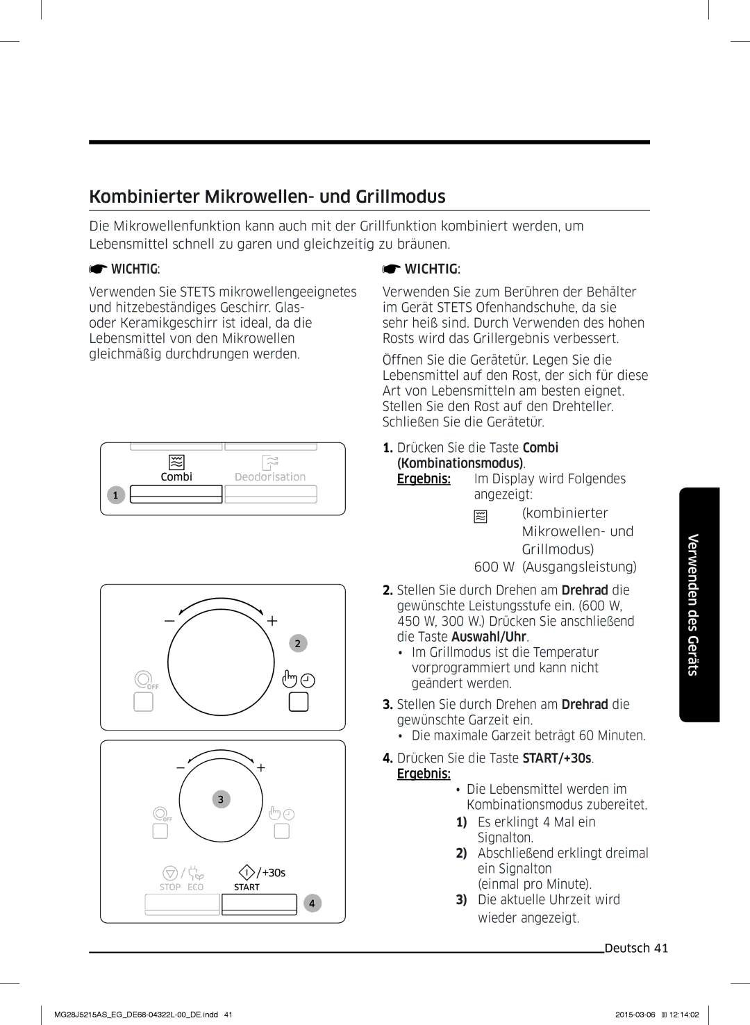 Samsung MG28J5215AB/EG, MG28J5215AB/EF manual Kombinierter Mikrowellen- und Grillmodus 