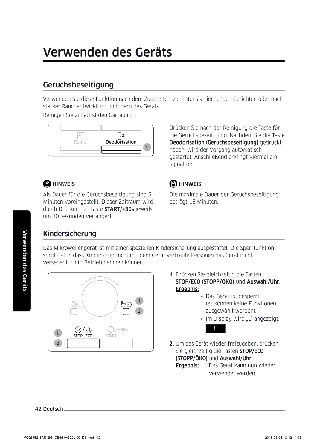 Samsung MG28J5215AB/EF, MG28J5215AB/EG manual Geruchsbeseitigung, Kindersicherung 