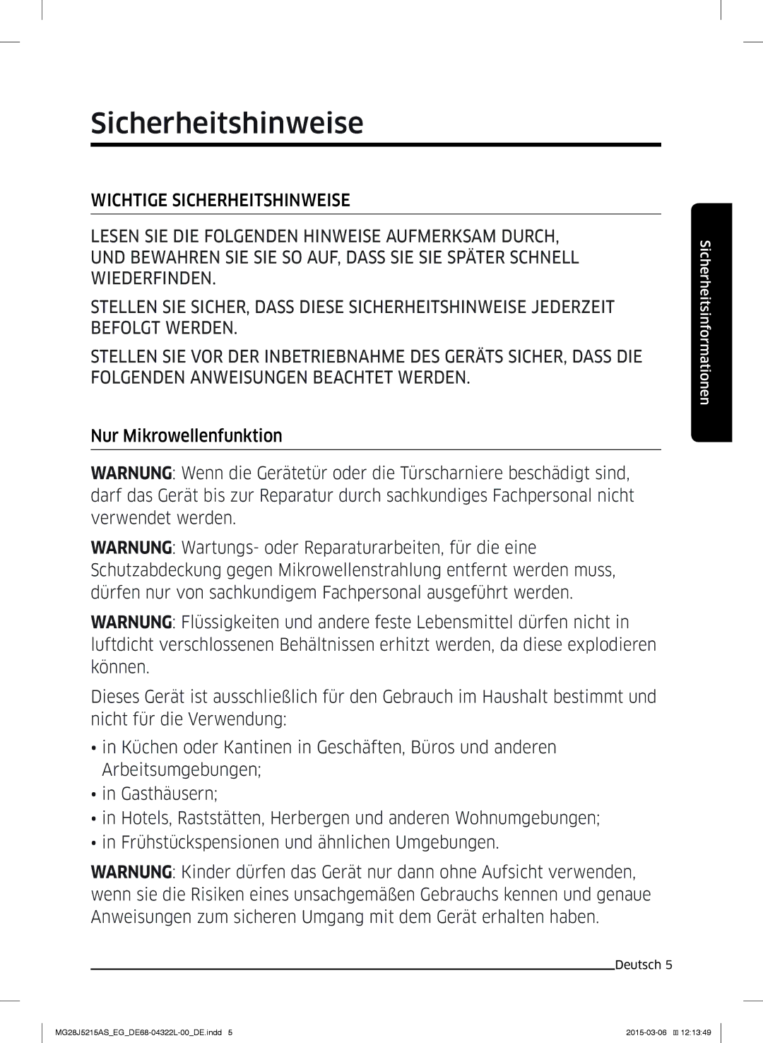 Samsung MG28J5215AB/EG, MG28J5215AB/EF manual Sicherheitshinweise 