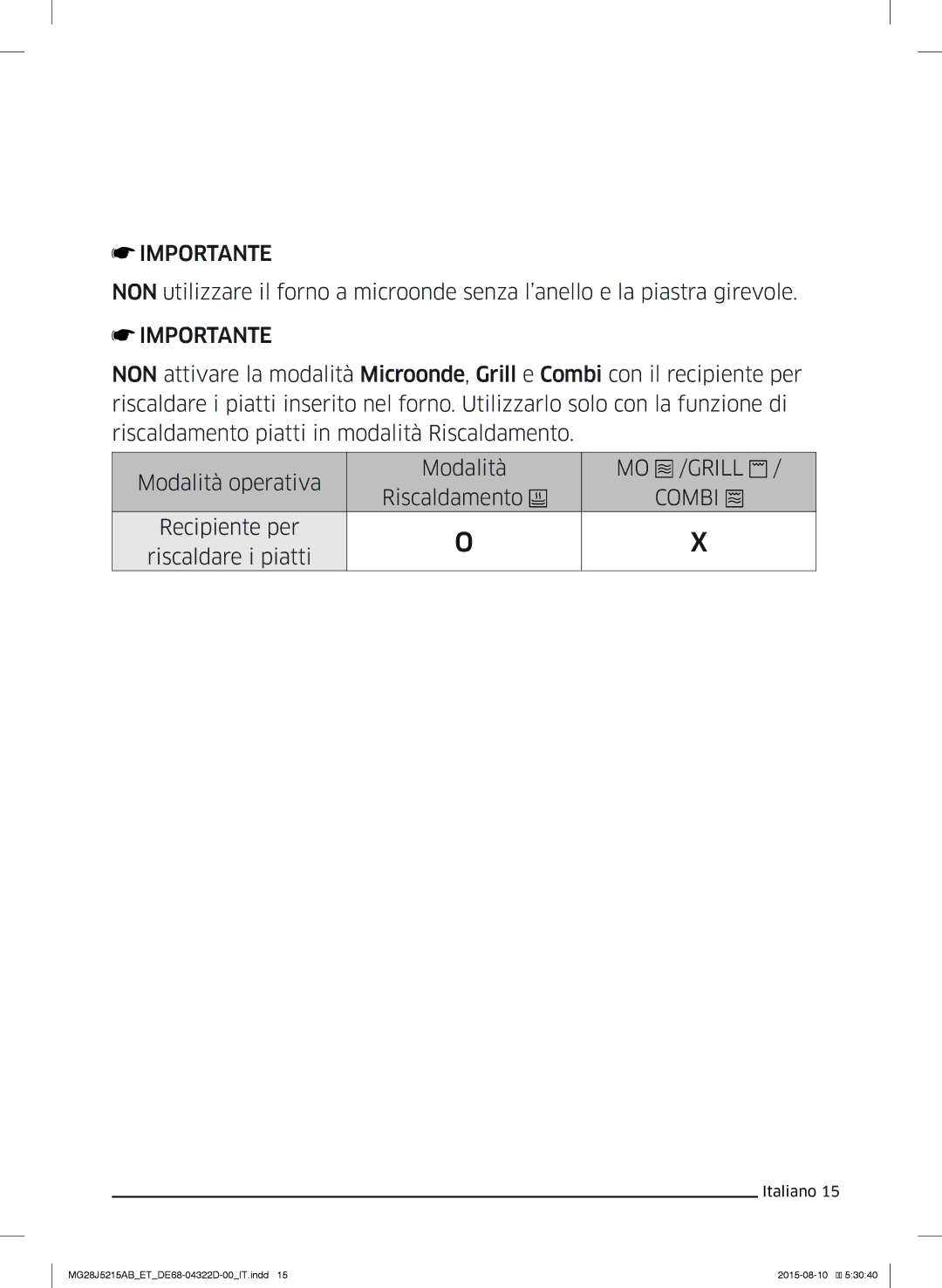 Samsung MG28J5215AB/ET manual Riscaldamento, Recipiente per Riscaldare i piatti 