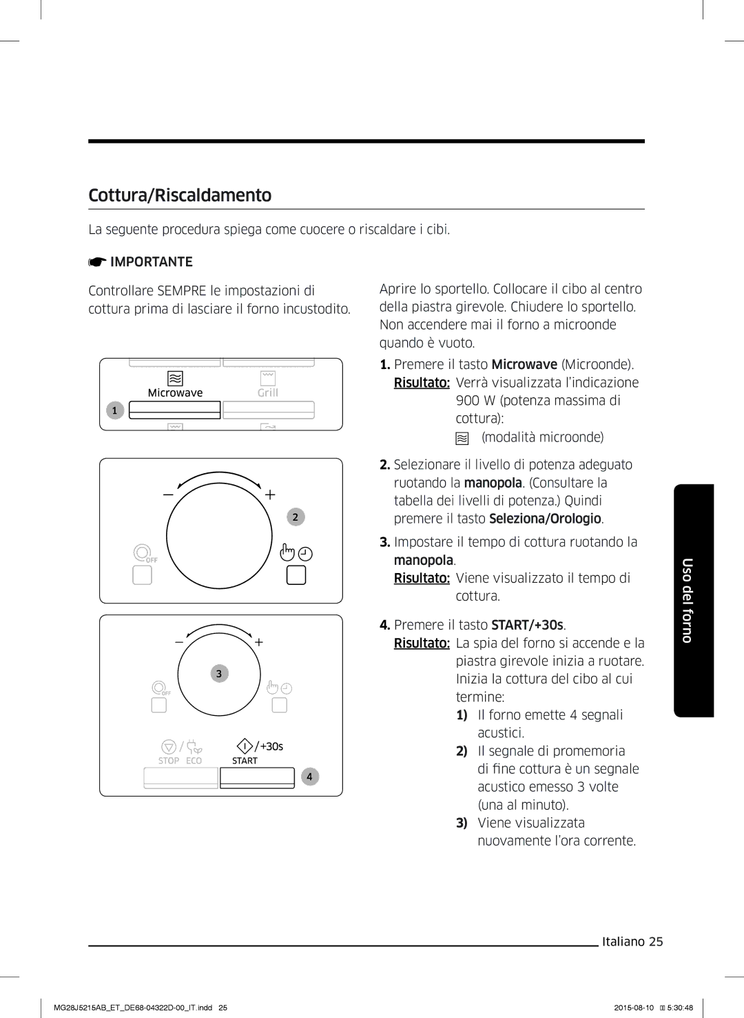 Samsung MG28J5215AB/ET manual Cottura/Riscaldamento 