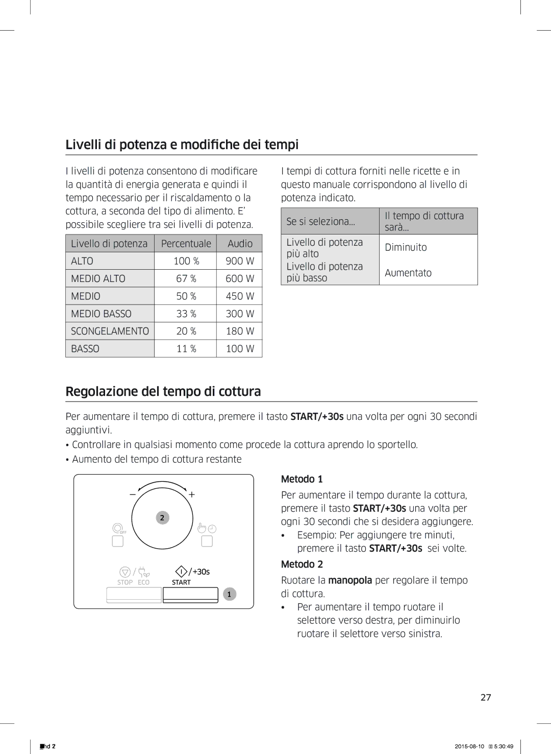 Samsung MG28J5215AB/ET manual Livelli di potenza e modifiche dei tempi, Regolazione del tempo di cottura 