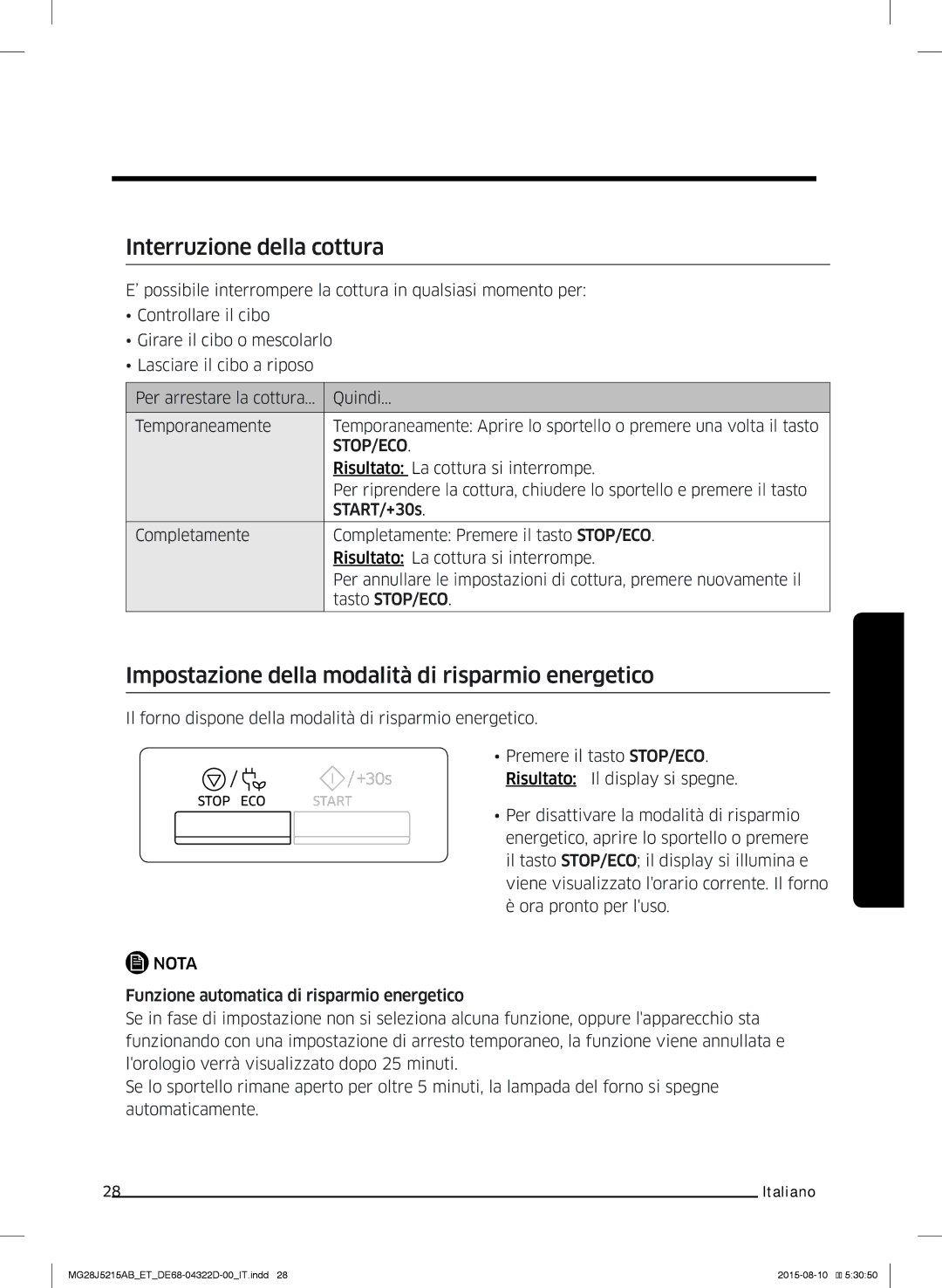 Samsung MG28J5215AB/ET manual Interruzione della cottura, Impostazione della modalità di risparmio energetico 