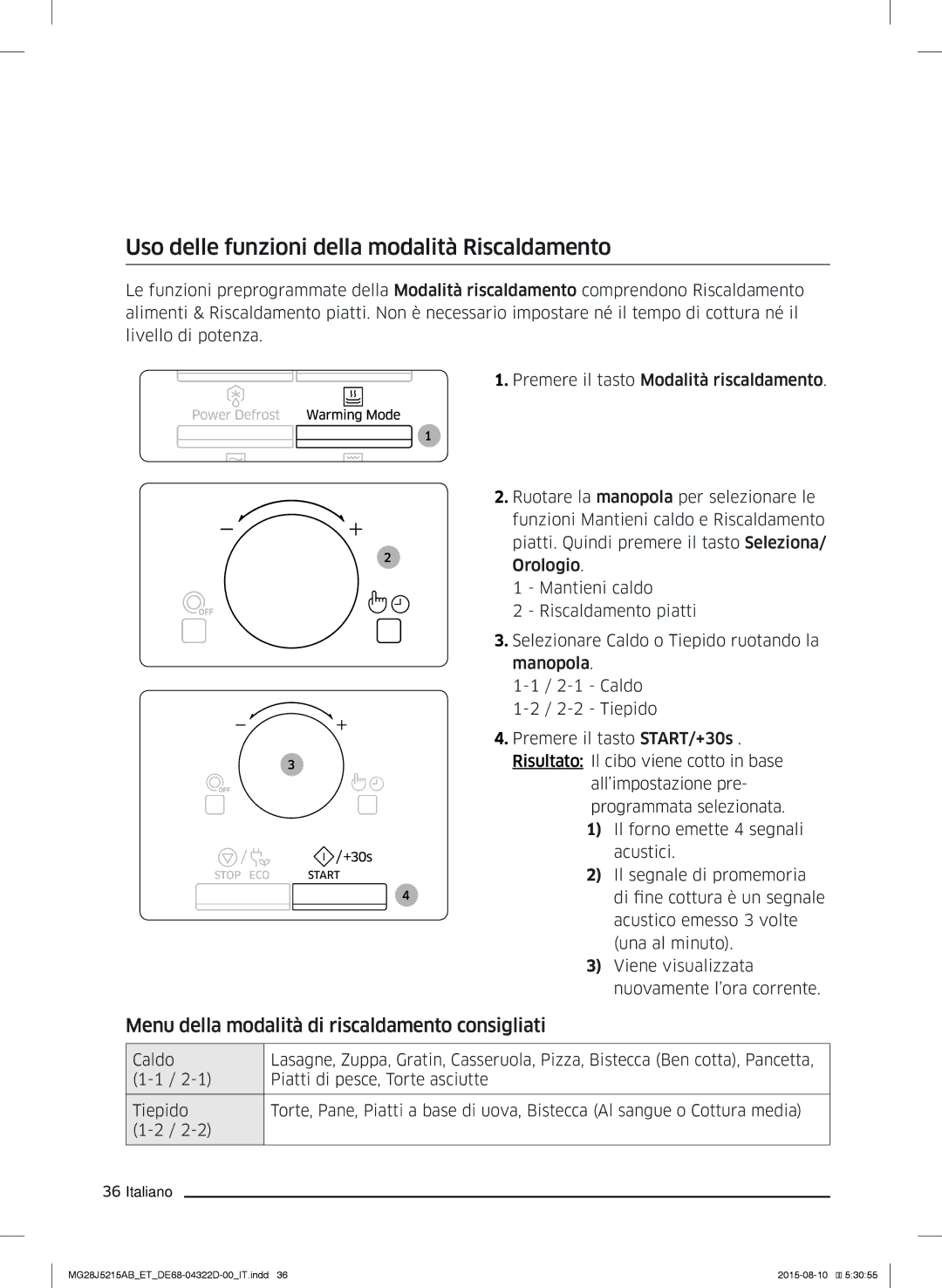 Samsung MG28J5215AB/ET Uso delle funzioni della modalità Riscaldamento, Menu della modalità di riscaldamento consigliati 