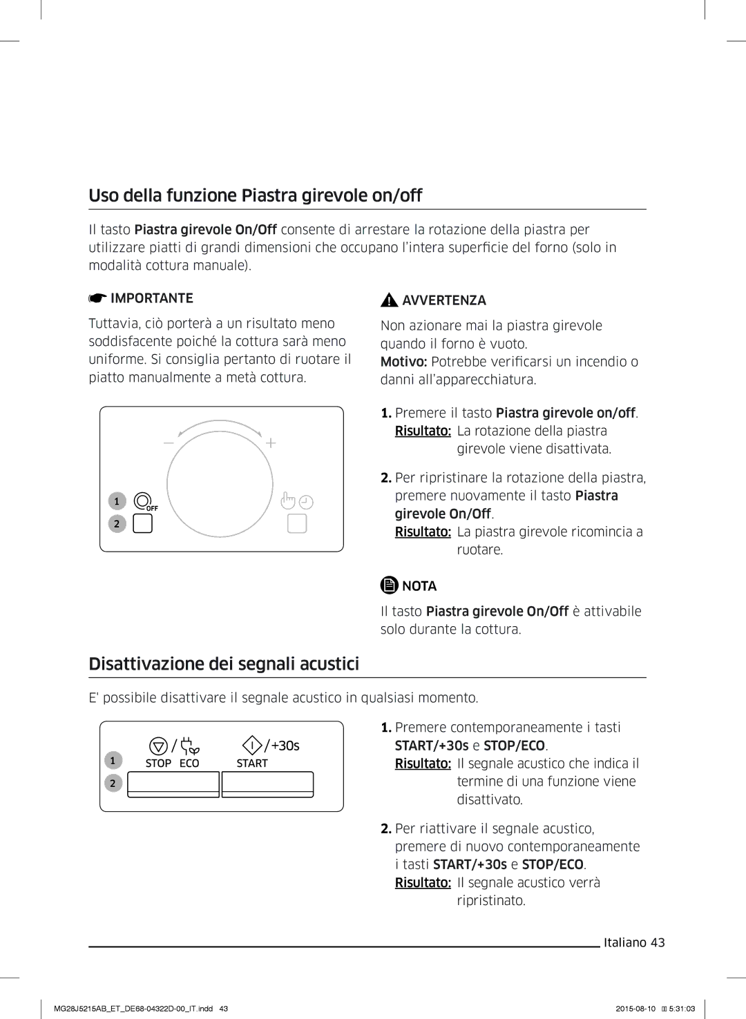 Samsung MG28J5215AB/ET manual Uso della funzione Piastra girevole on/off, Disattivazione dei segnali acustici 