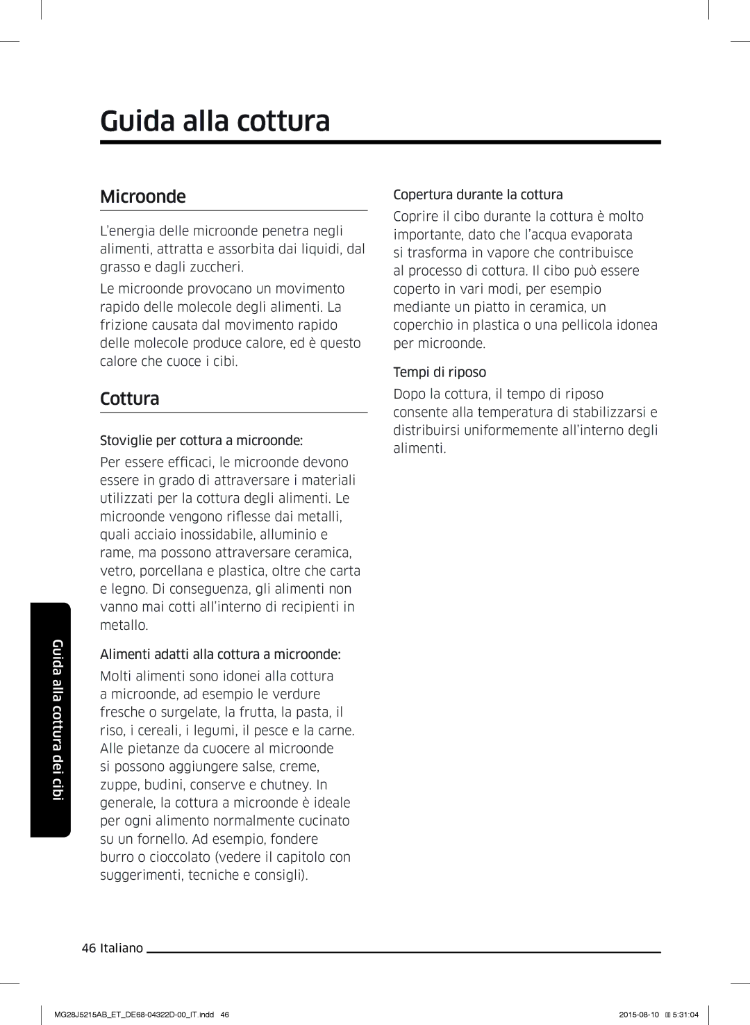 Samsung MG28J5215AB/ET manual Guida alla cottura, Microonde, Cottura 