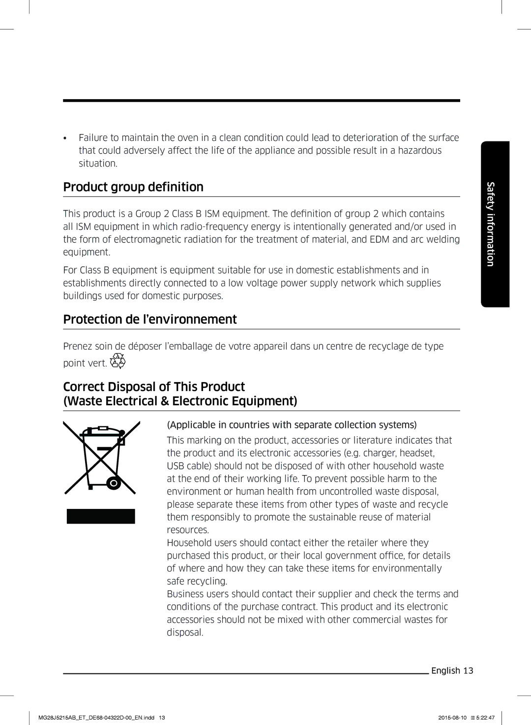 Samsung MG28J5215AB/ET manual Product group definition, Protection de l’environnement 