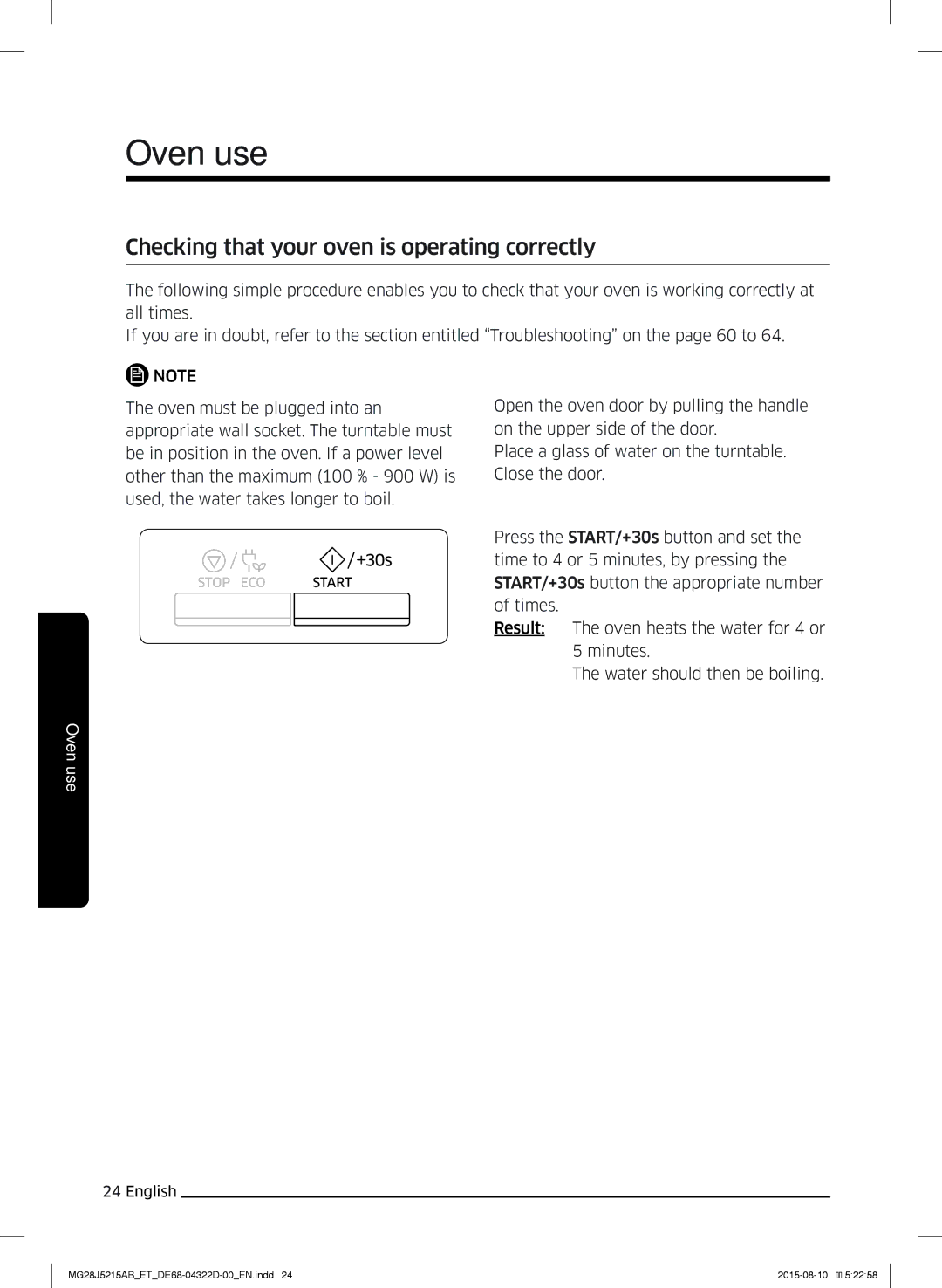 Samsung MG28J5215AB/ET manual Checking that your oven is operating correctly 