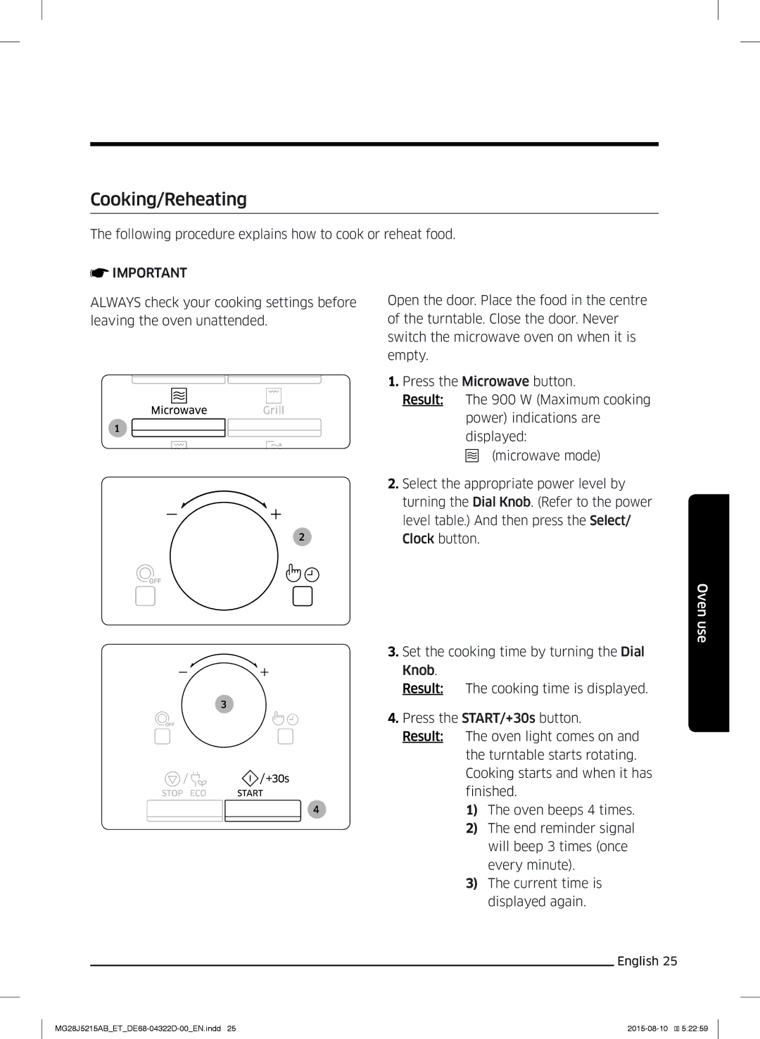 Samsung MG28J5215AB/ET manual Cooking/Reheating 