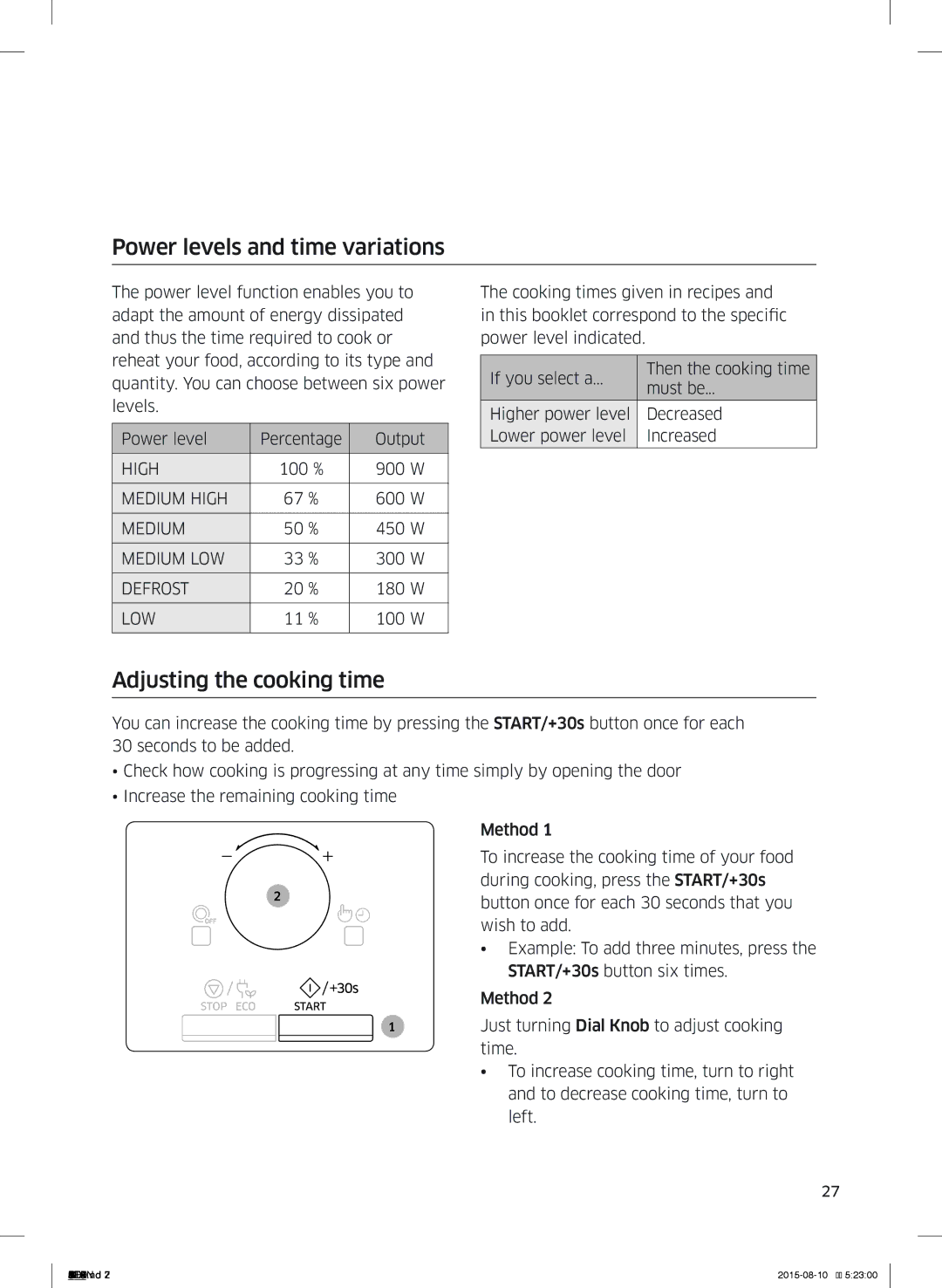 Samsung MG28J5215AB/ET manual Power levels and time variations, Adjusting the cooking time 