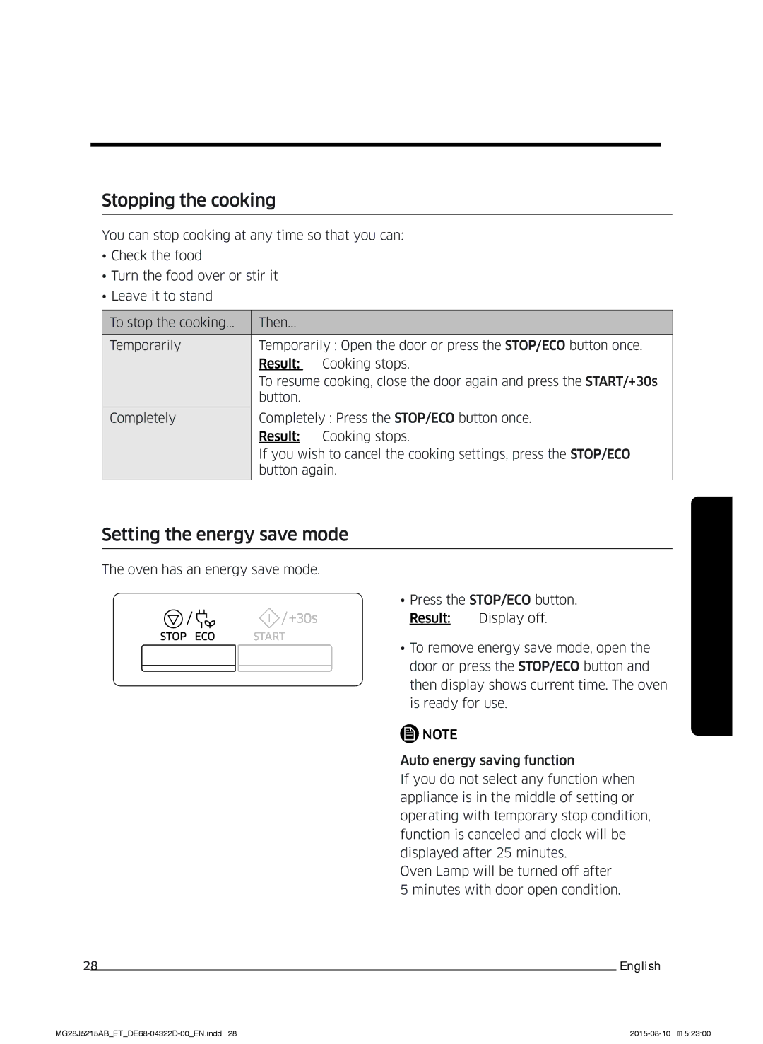 Samsung MG28J5215AB/ET manual Stopping the cooking, Setting the energy save mode 