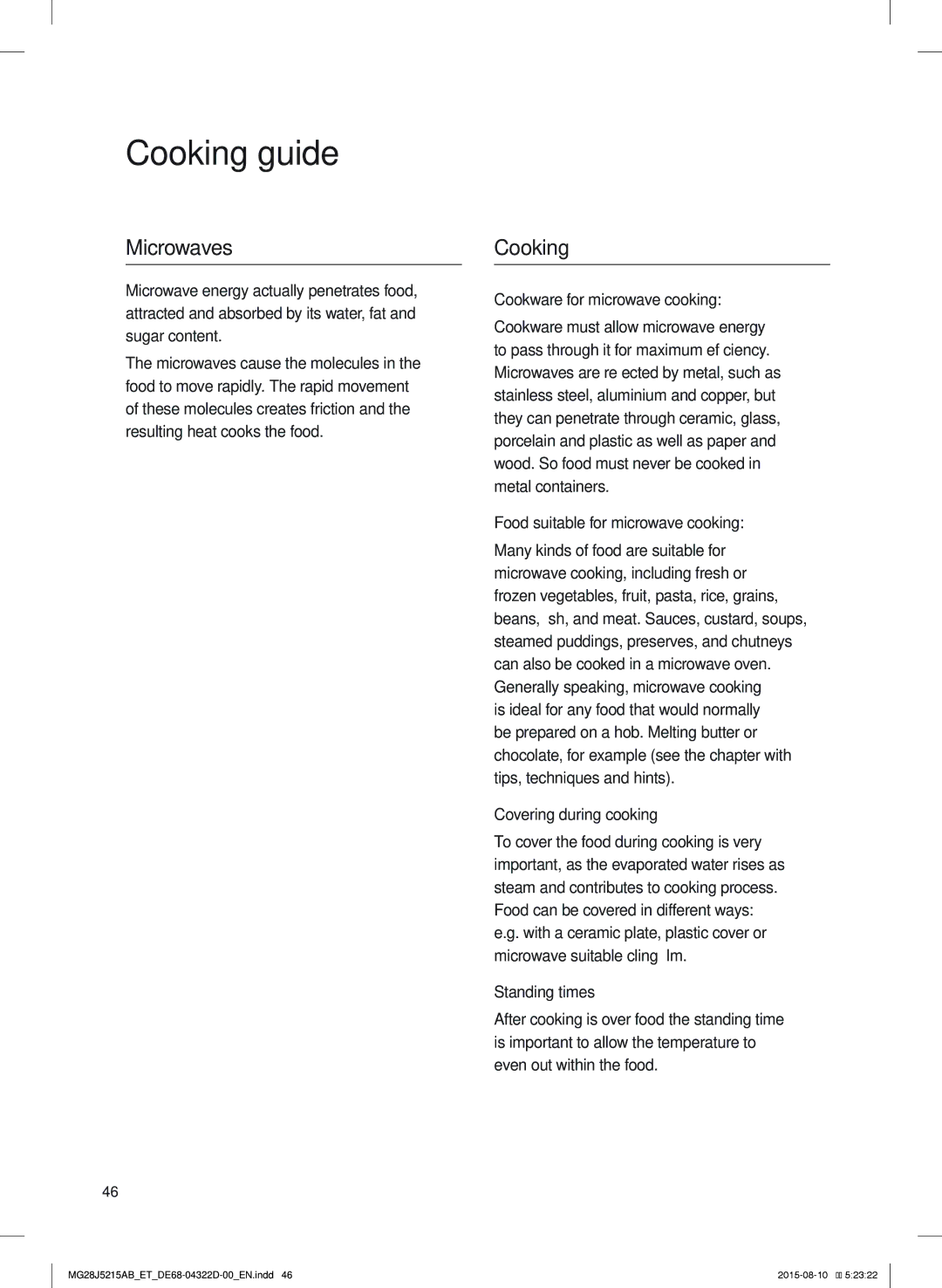 Samsung MG28J5215AB/ET manual Cooking guide, Microwaves 