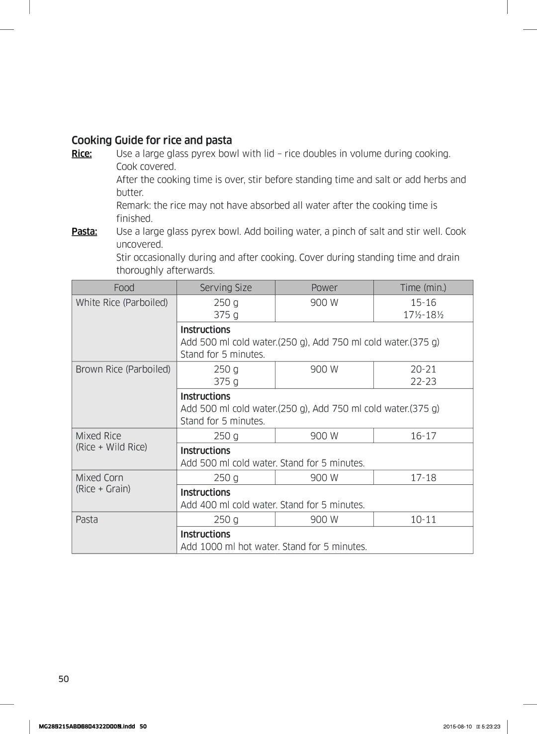 Samsung MG28J5215AB/ET manual Cooking Guide for rice and pasta 