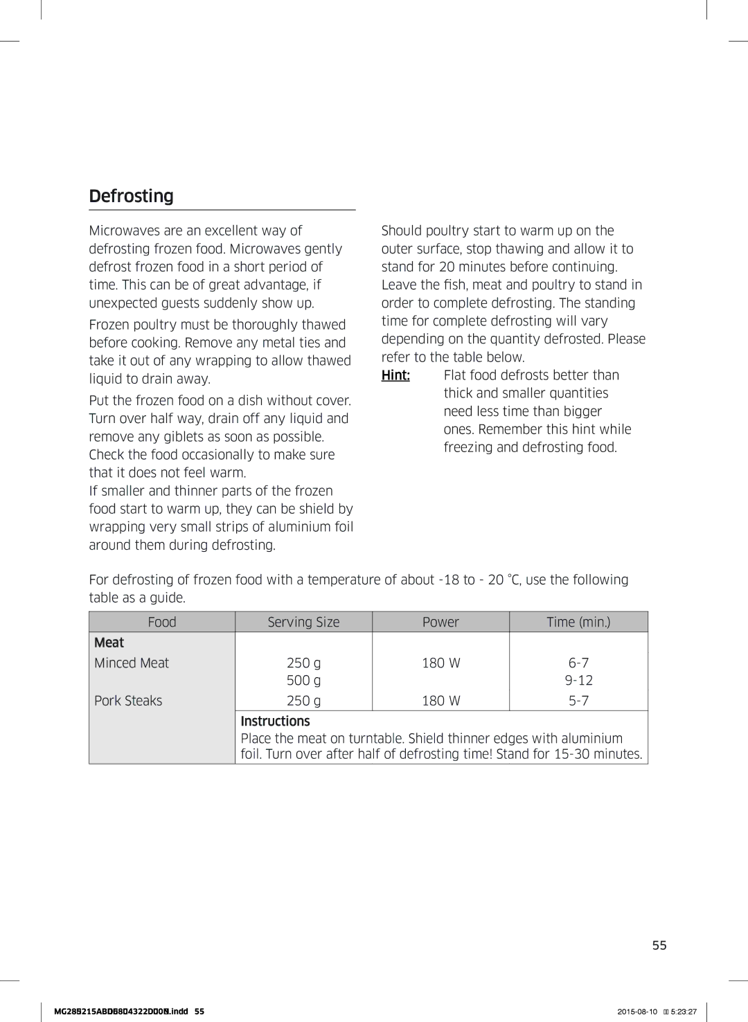 Samsung MG28J5215AB/ET manual Defrosting 