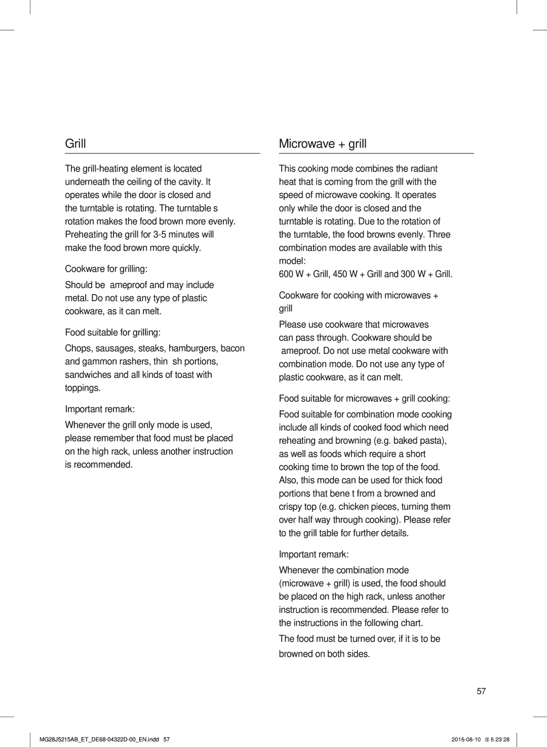 Samsung MG28J5215AB/ET manual Grill, Microwave + grill 