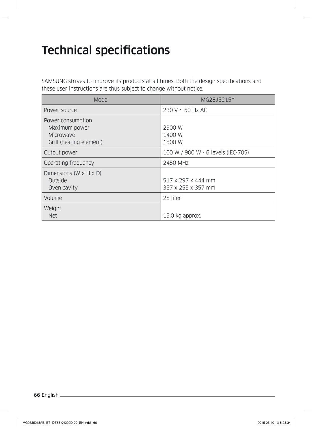 Samsung MG28J5215AB/ET manual Technical specifications 