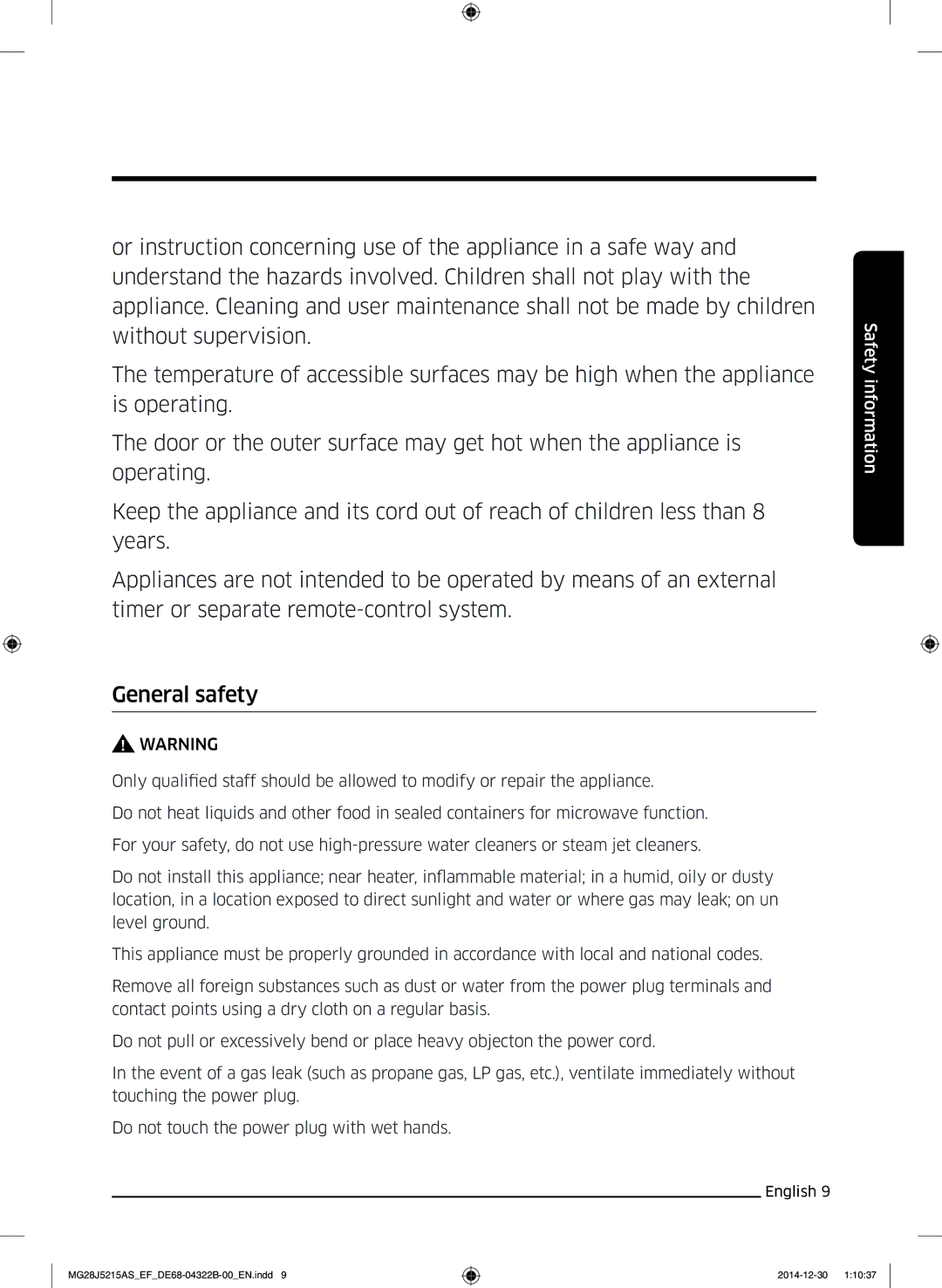 Samsung MG28J5215AS/EG, MG28J5215AB/EG, MG28J5215AB/EF, MG28J5215AW/EF, MG28J5215AS/EF manual Safety information 