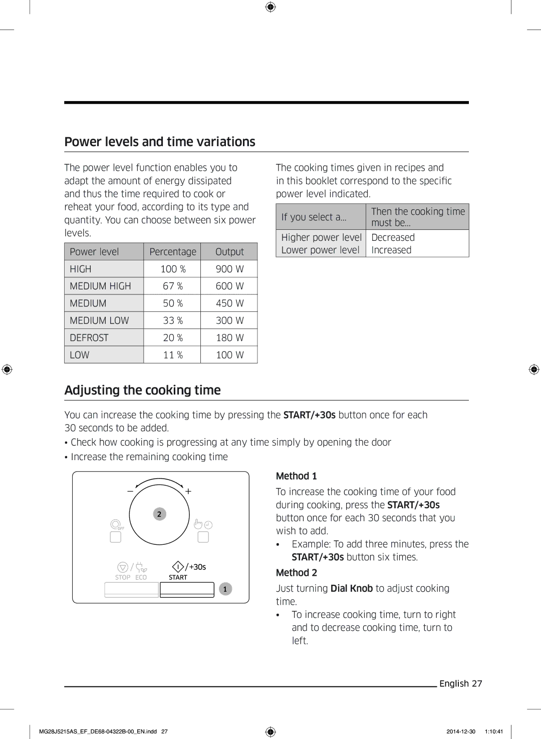 Samsung MG28J5215AW/EF, MG28J5215AS/EG, MG28J5215AB/EG manual Power levels and time variations, Adjusting the cooking time 