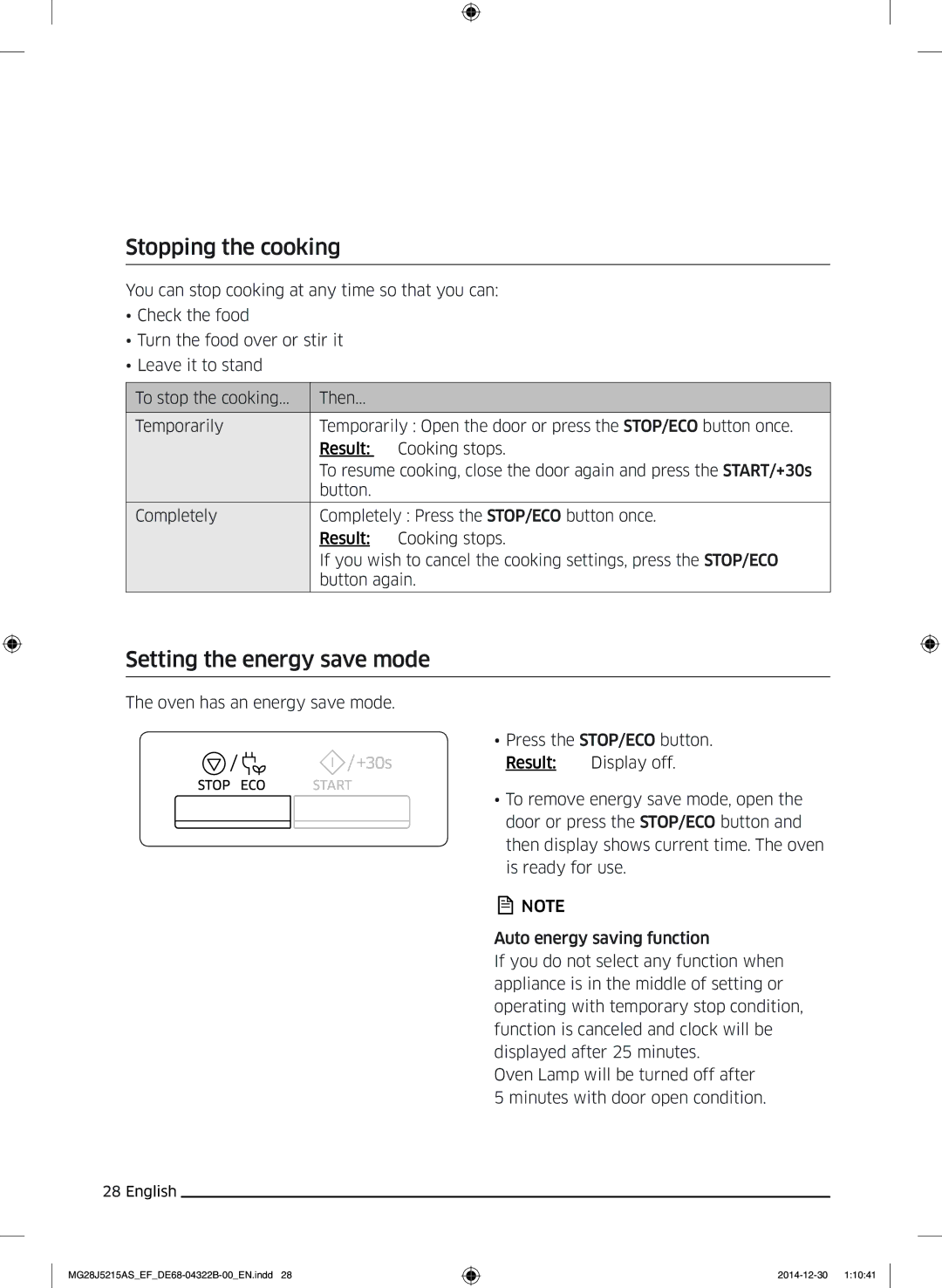 Samsung MG28J5215AS/EF, MG28J5215AS/EG, MG28J5215AB/EG, MG28J5215AB/EF Stopping the cooking, Setting the energy save mode 