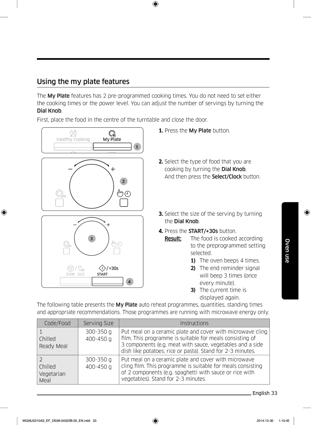 Samsung MG28J5215AS/EF, MG28J5215AS/EG, MG28J5215AB/EG, MG28J5215AB/EF, MG28J5215AW/EF manual Using the my plate features 