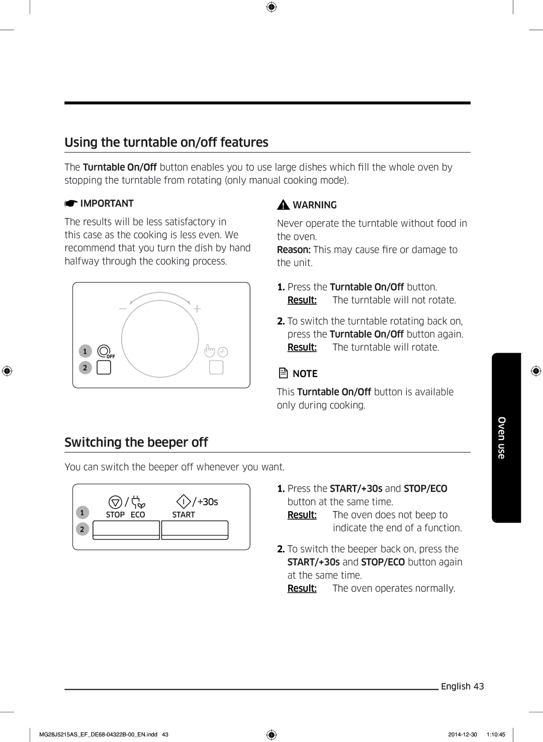 Samsung MG28J5215AS/EF, MG28J5215AS/EG, MG28J5215AB/EG manual Using the turntable on/off features, Switching the beeper off 