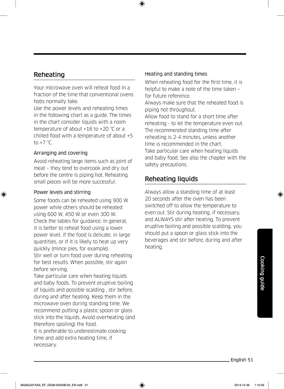 Samsung MG28J5215AB/EF, MG28J5215AS/EG, MG28J5215AB/EG, MG28J5215AW/EF, MG28J5215AS/EF manual Reheating liquids 