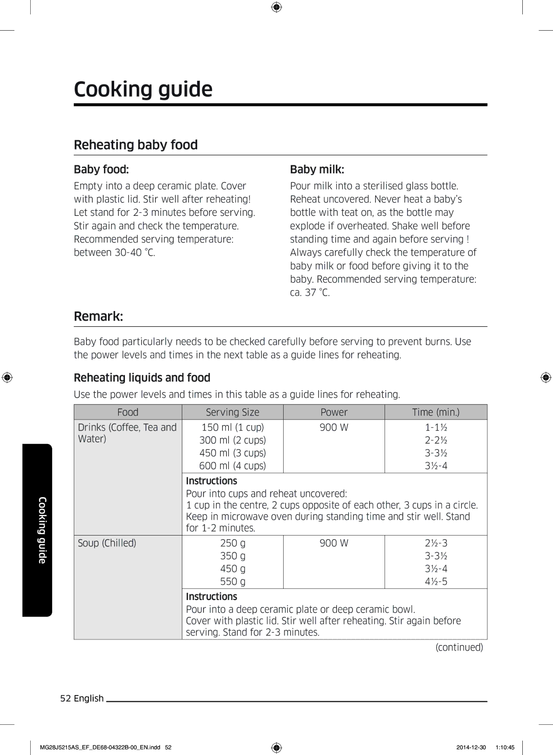 Samsung MG28J5215AW/EF, MG28J5215AS/EG manual Reheating baby food, Remark, Baby food, Baby milk, Reheating liquids and food 