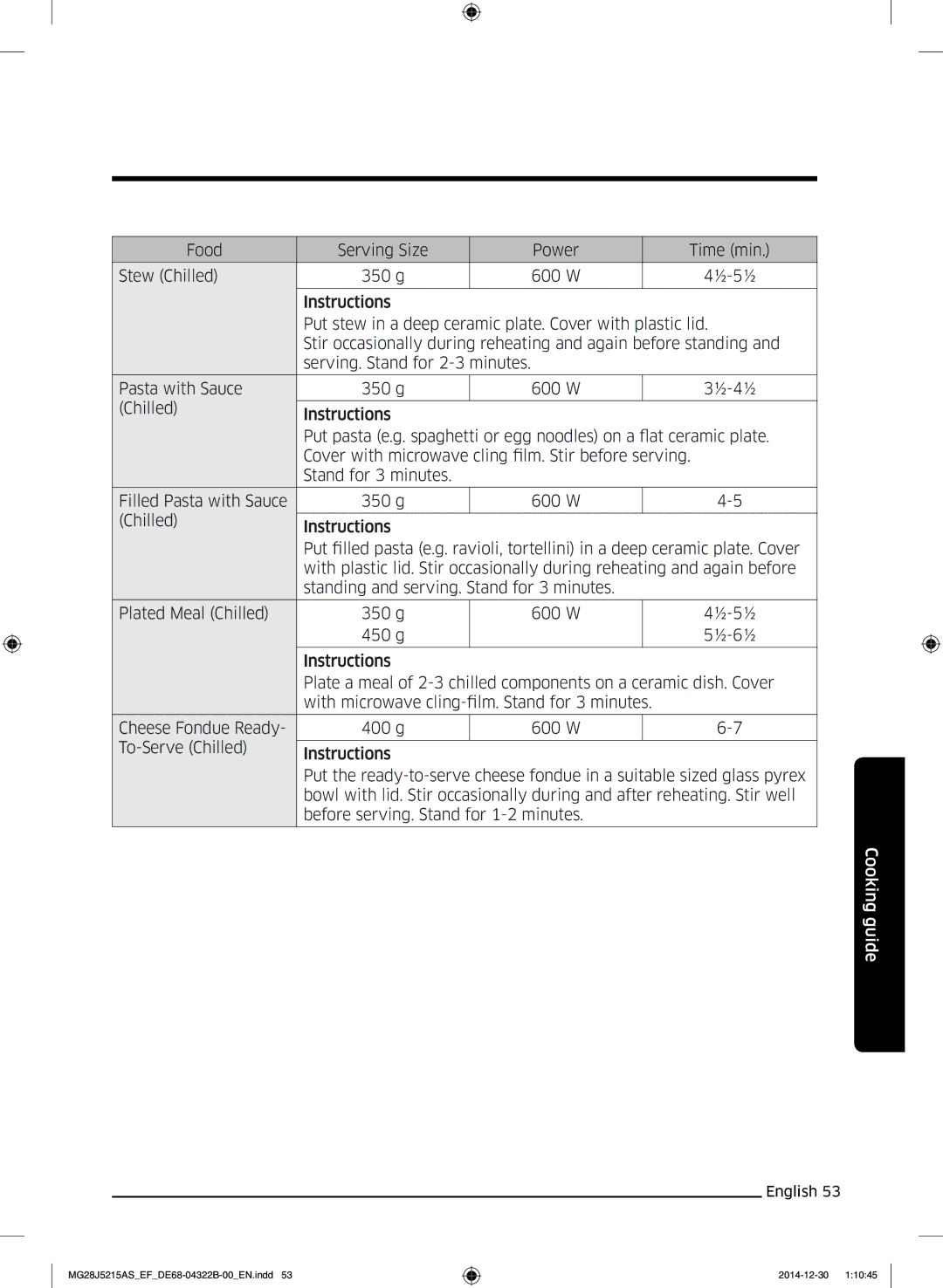 Samsung MG28J5215AS/EF, MG28J5215AS/EG, MG28J5215AB/EG, MG28J5215AB/EF, MG28J5215AW/EF manual Cooking guide 