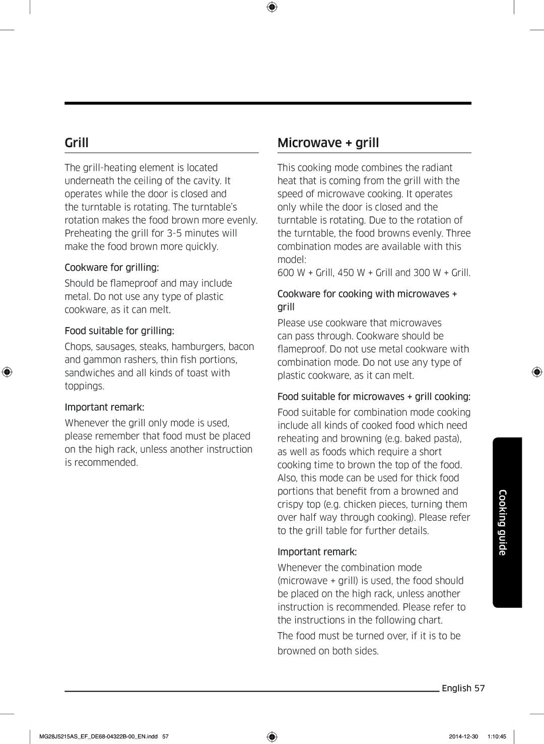 Samsung MG28J5215AW/EF, MG28J5215AS/EG, MG28J5215AB/EG, MG28J5215AB/EF, MG28J5215AS/EF manual Grill, Microwave + grill 