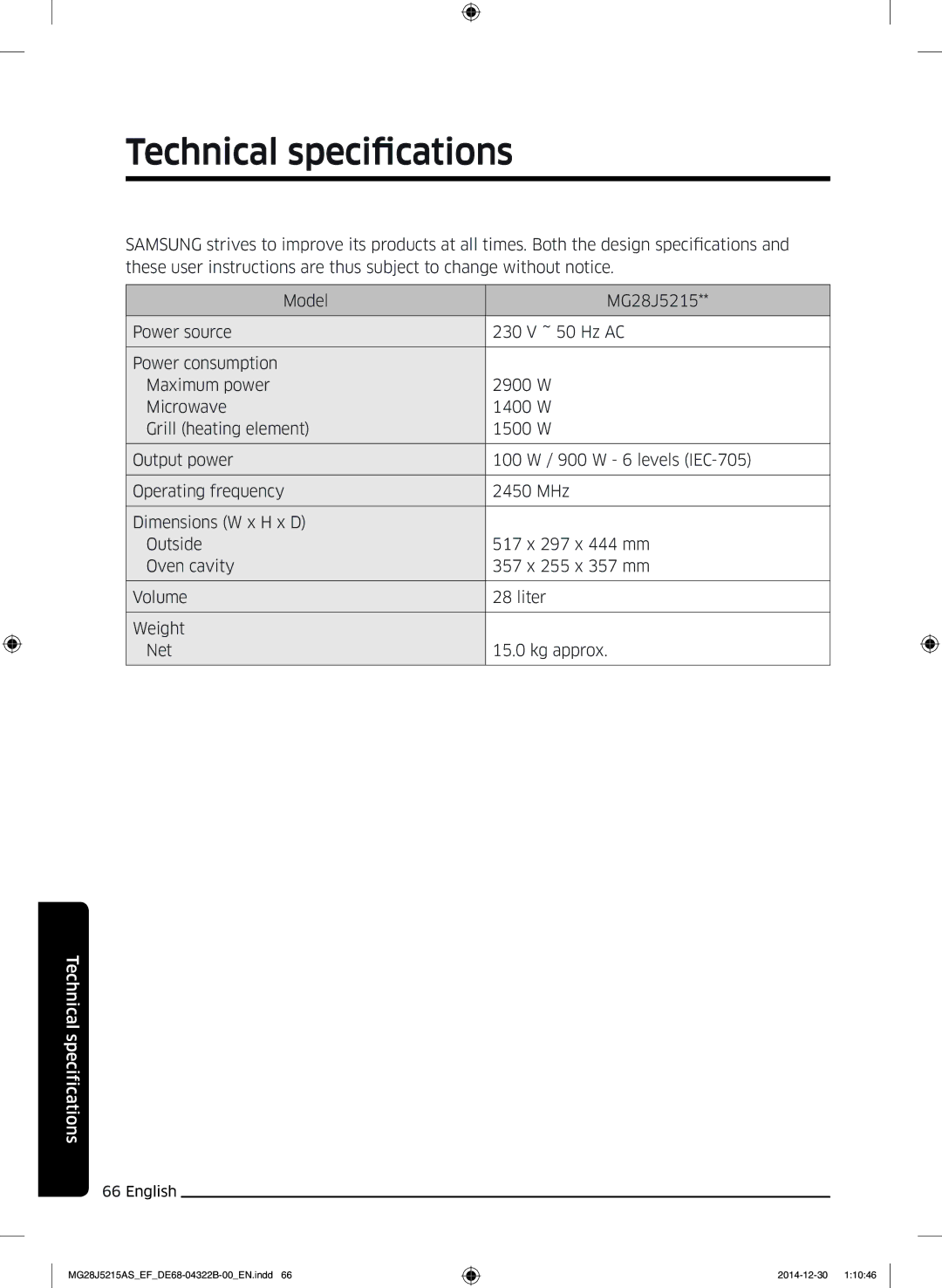 Samsung MG28J5215AB/EF, MG28J5215AS/EG, MG28J5215AB/EG, MG28J5215AW/EF, MG28J5215AS/EF manual Technical specifications 