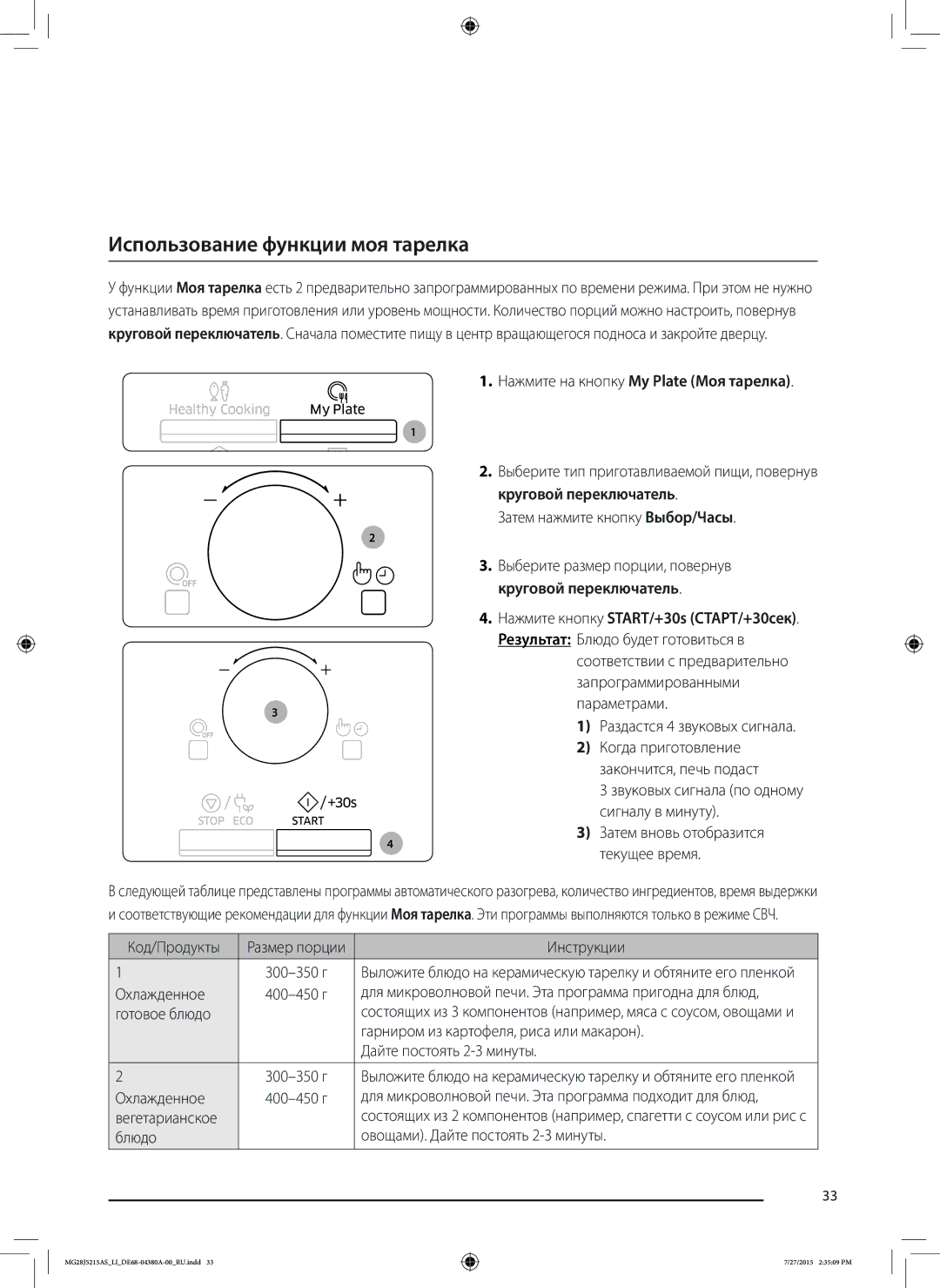 Samsung MG28J5215AS/LI Использование функции моя тарелка, Нажмите на кнопку My Plate Моя тарелка, Круговой переключатель 