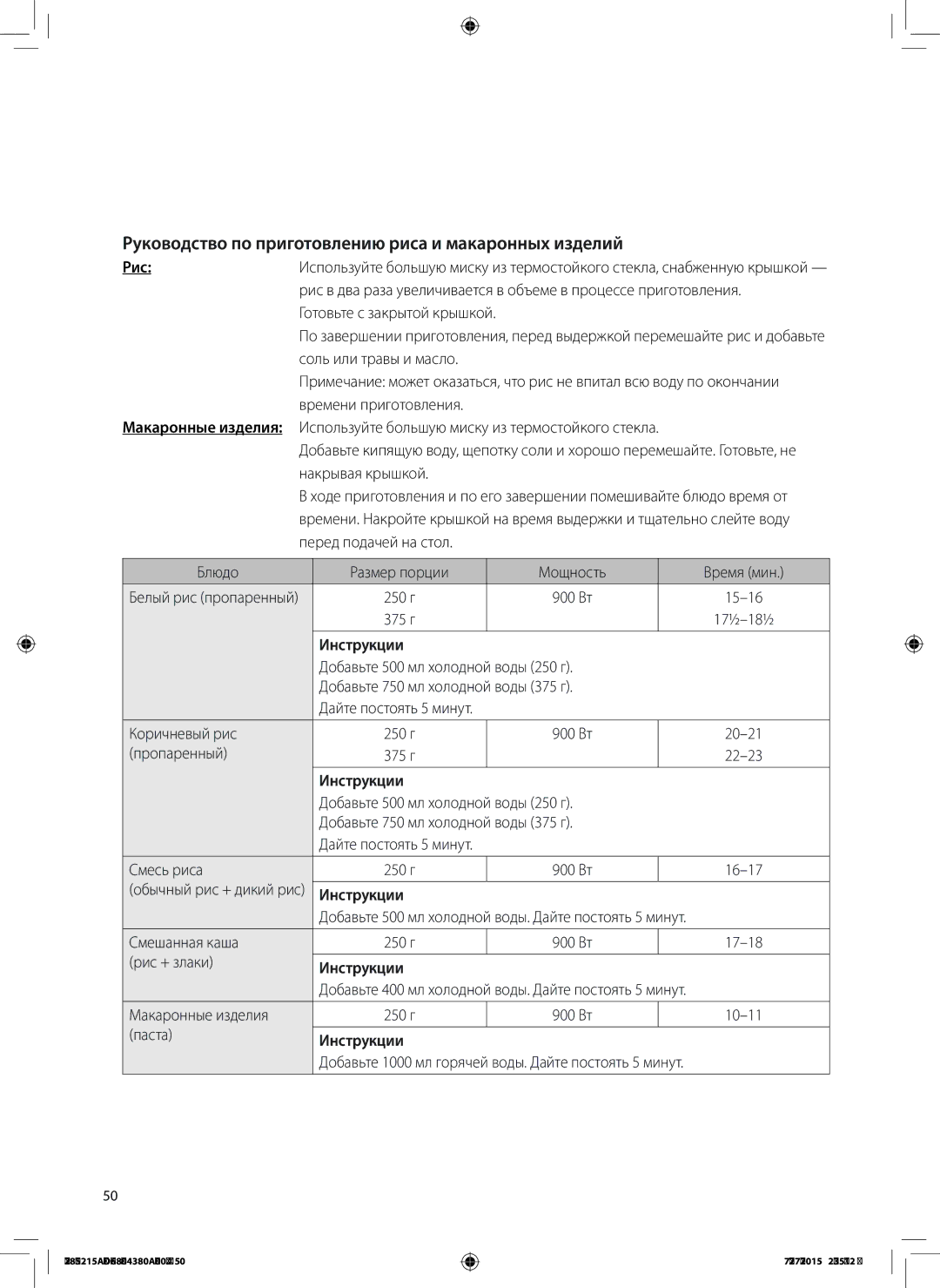 Samsung MG28J5215AS/LI manual Руководство по приготовлению риса и макаронных изделий, Рис 