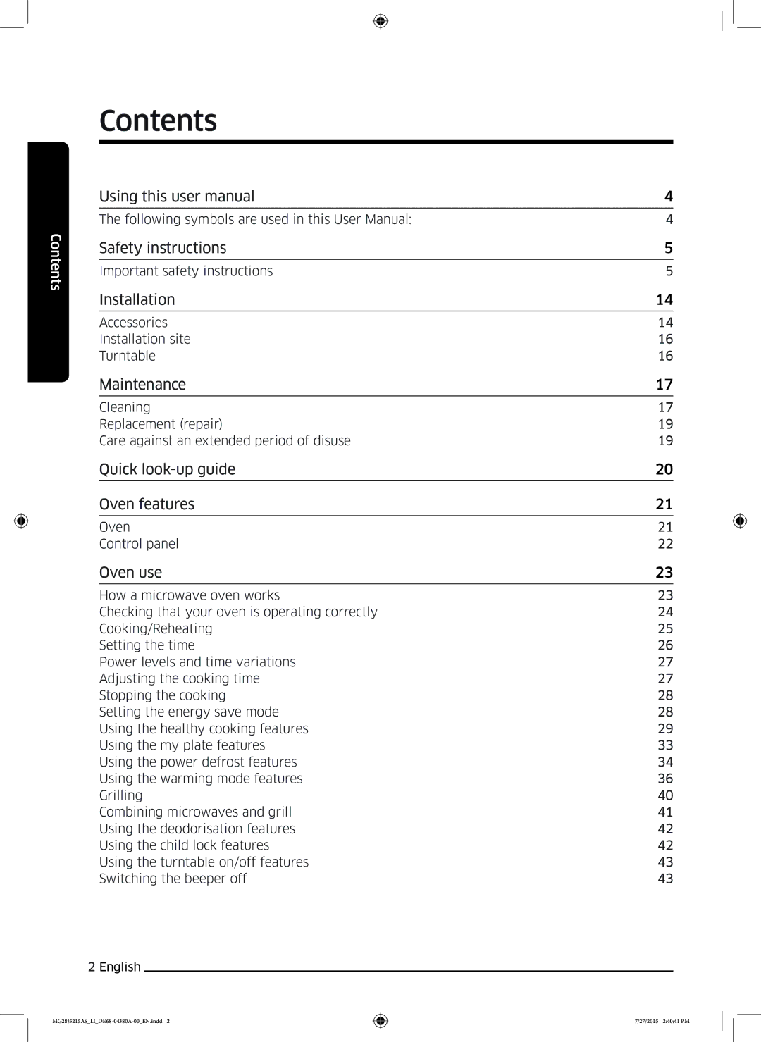 Samsung MG28J5215AS/LI manual Contents 