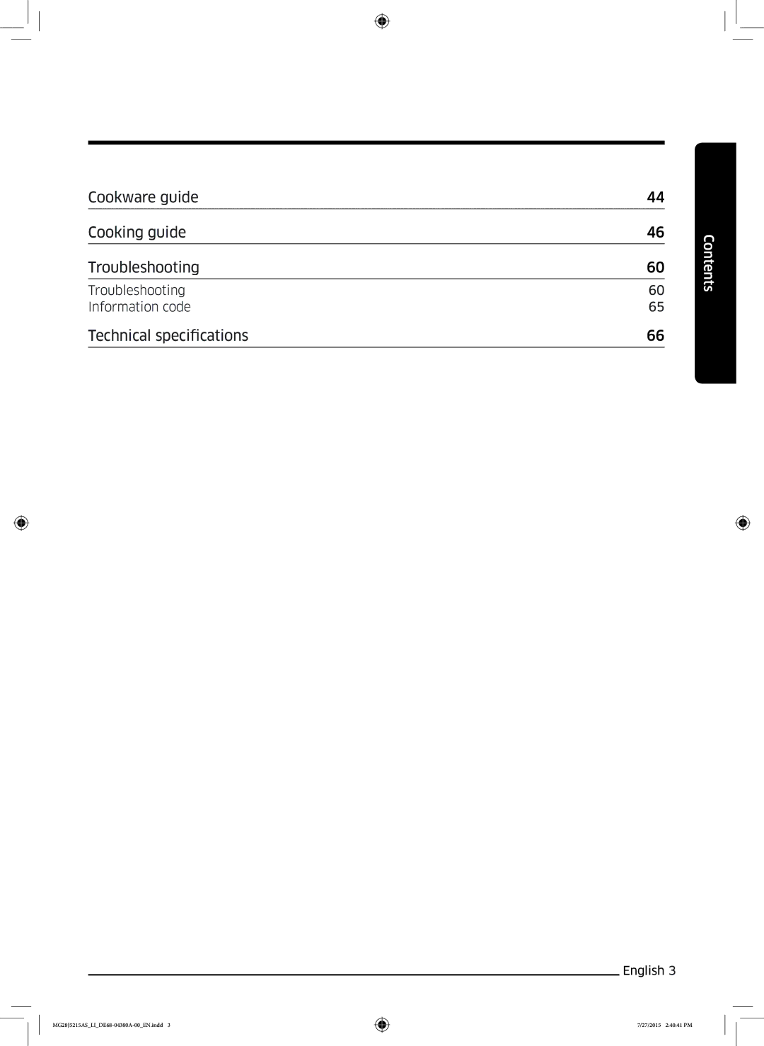 Samsung MG28J5215AS/LI manual Cookware guide Cooking guide Troubleshooting, Technical specifications 
