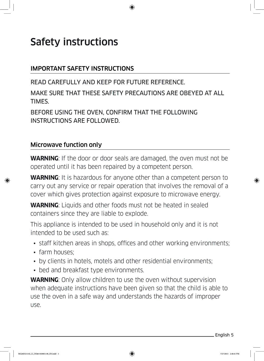 Samsung MG28J5215AS/LI manual Safety instructions 