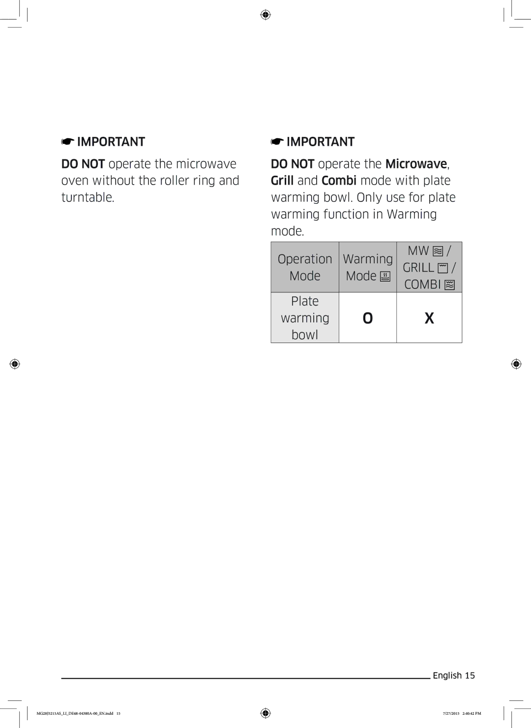 Samsung MG28J5215AS/LI manual Mode, Plate Warming Bowl 