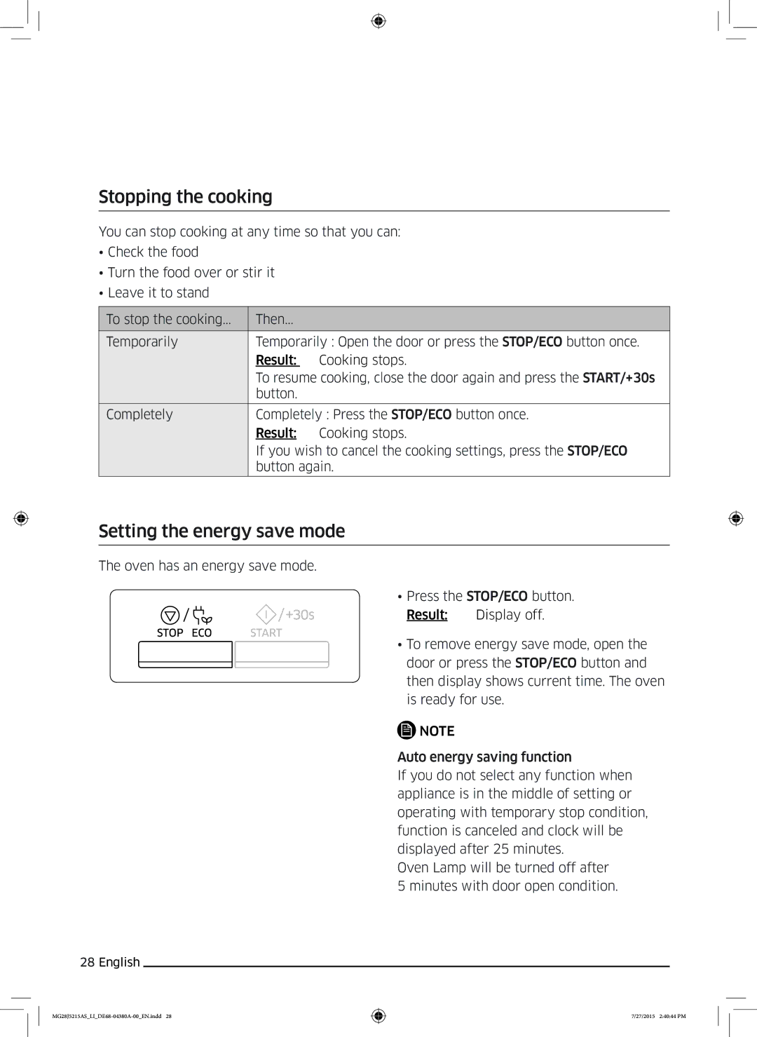 Samsung MG28J5215AS/LI manual Stopping the cooking, Setting the energy save mode, Oven has an energy save mode 