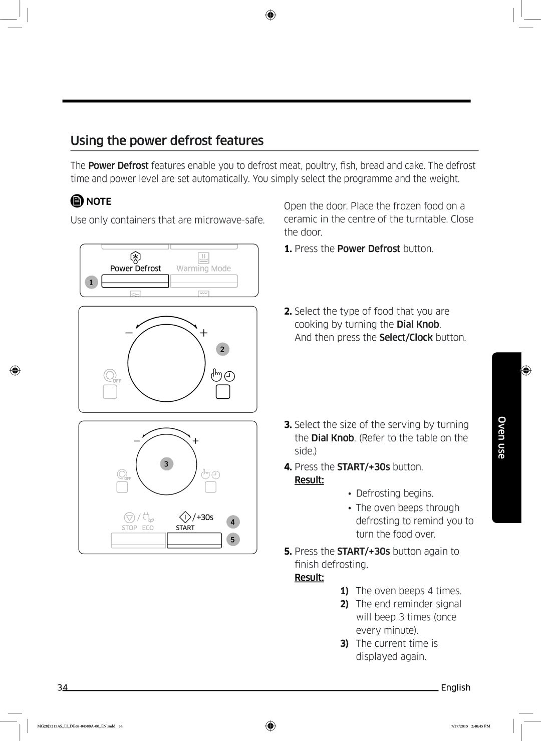 Samsung MG28J5215AS/LI manual Using the power defrost features 