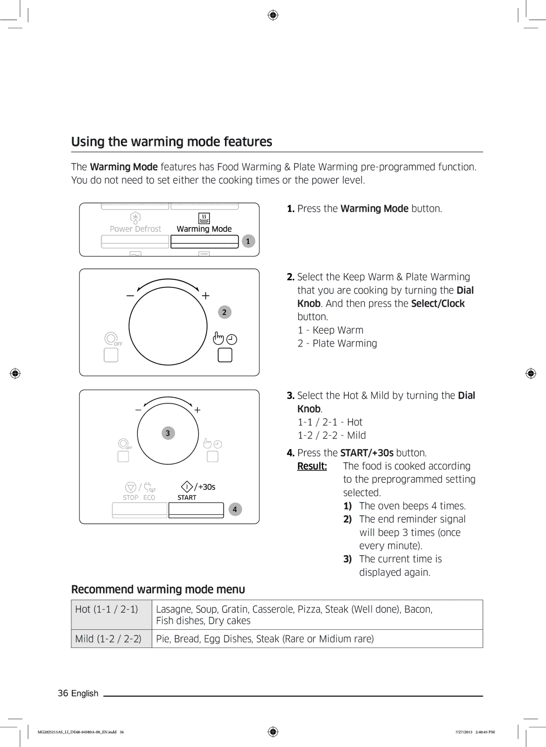 Samsung MG28J5215AS/LI manual Using the warming mode features, Recommend warming mode menu 